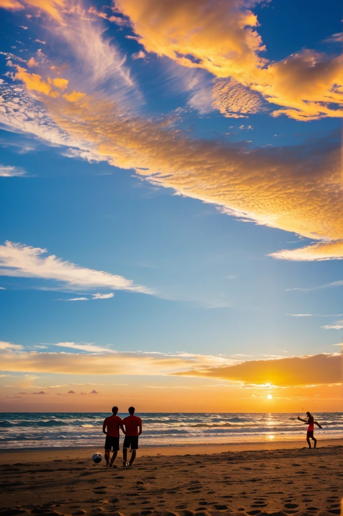 Sunset on the beach with the yellow blue and red sky like the flag of Colombia, and two people playing soccer in the silver sand
