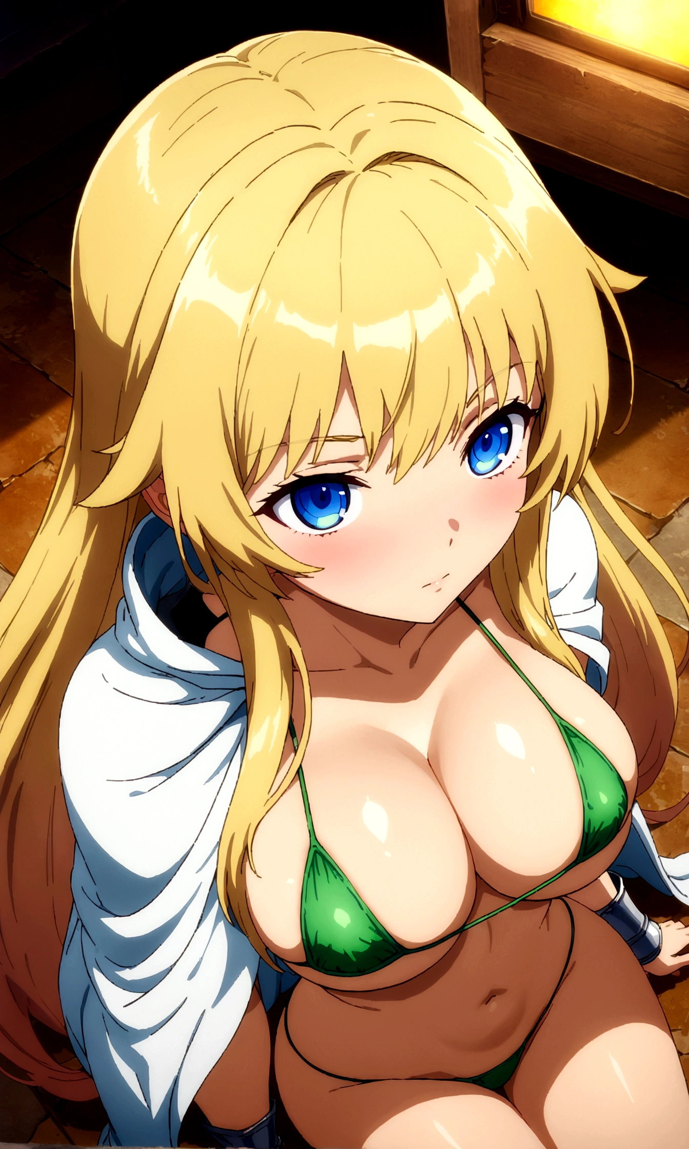score_9, score_8_up, score_7_up,,BREAK source_anime,(from above,face high view),Dutchangle, standing,,upperbody,sitting,look up,selfie, 1girl, celes chere, final fantasy.blonde hair, blue eyes, (ultra micro bikini,green bikini),large breasts,cleavage,pointy breasts,, white cape, vambraces,bracer, very long hair, bangs, closed mouth,(tundere,,bulsh), (best quality),(aesthetic,very aesthetic),masterpiece, highres, (anime screenshot:0.5),,graceful posture,lean but curvy body, slender waist, round hips, willowy limbs,