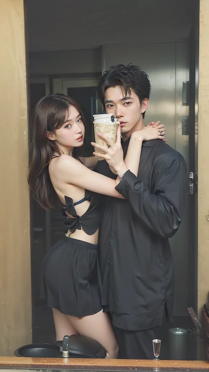 Asian couple with a beautiful man and woman, white and porcelain skin, blue-eyed man and light brown-eyed woman with Brown hair, top quality picture, lot of details