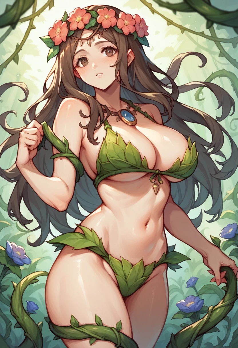 Alone druid, Female, fantasy race, large breasts, vines bikini, brown long hair, flowers crown, godness of plant and flowers, big breasts