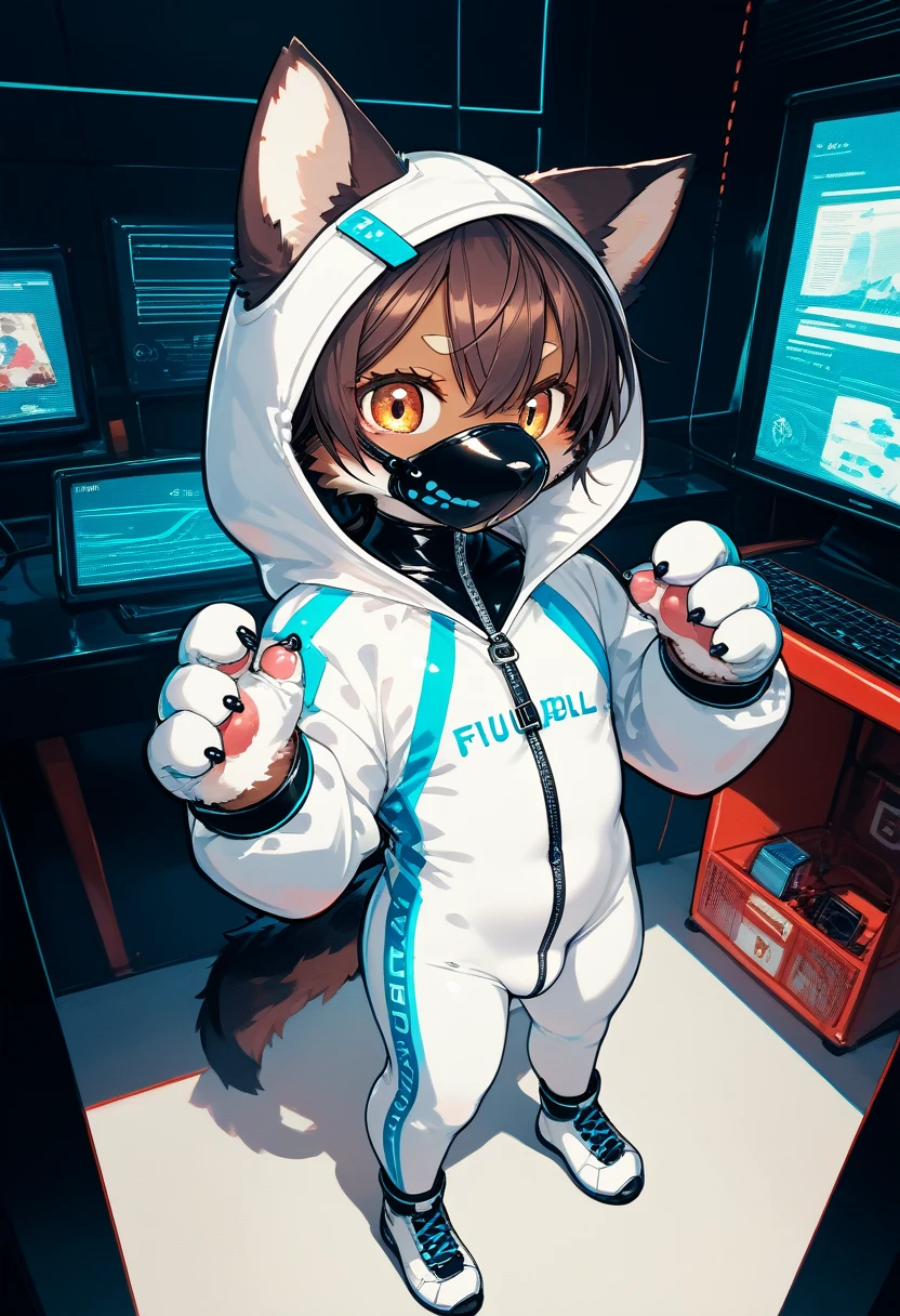 Highest quality, Highest quality, High quality illustrations, masterpiece, Ultra-high resolution, Detailed Background, Games Room, Absurd, Perfect Anatomy, performance, Good lighting, Shadows in the movies(kemono, Furry PersonifiCation), Cat, Dark Skin, Rubber suit, Rubber suit, latex, neon, neonライト, neonカラー, Rubber spats, White rubber hoodie,  Rubber mask, ribbon, Embarrassing, Null bulge, male, juvenile, from above