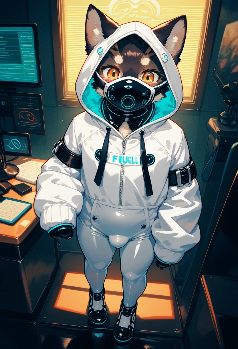 Highest quality, Highest quality, High quality illustrations, masterpiece, Ultra-high resolution, Detailed Background, Games Room, Absurd, Perfect Anatomy, performance, Good lighting, Shadows in the movies(kemono, Furry PersonifiCation), Cat, Dark Skin, Rubber suit, Rubber suit, latex, neon, neonライト, neonカラー, Rubber spats, White rubber hoodie, Rubber mask, ribbon, Embarrassing, Null bulge, male, juvenile, from above