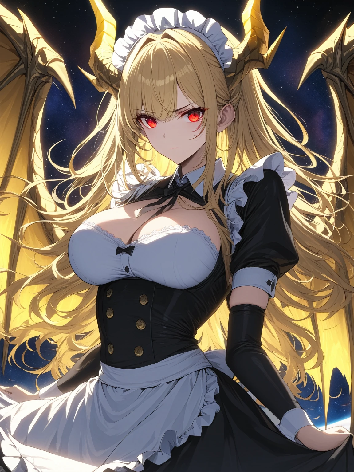 Masterpiece, very detailed, ultra detailed, one, (1 woman), she in a maid costume, long golden hair and parting on the side, yellow demonic horns, yellow dragon wings, beautiful, charming, blood-red eyes, elegant, large breasts (huge), serious face, she is against the background of space and galaxies