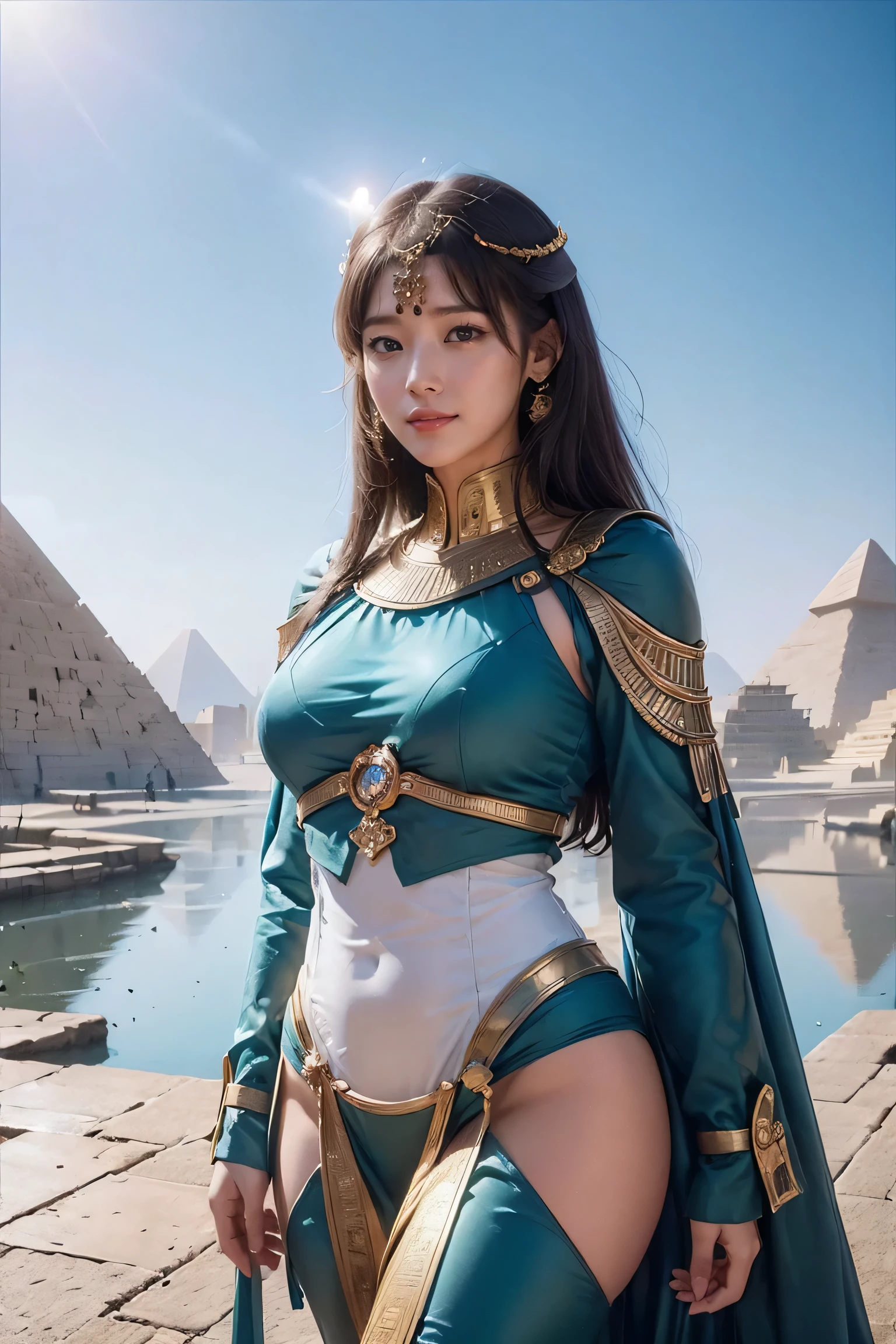 ((Highest quality、8K、masterpiece:1.3))、Photorealistic, Sharp focus, high resolution, High resolution, Portraiture, one person, woman, beautiful woman, sexly、Egyptian woman warrior walking in ancient egypt、Complex technology, Pyramids and ancient Egyptian cities far away、cyber-、Light and shadow、Cyan Light、