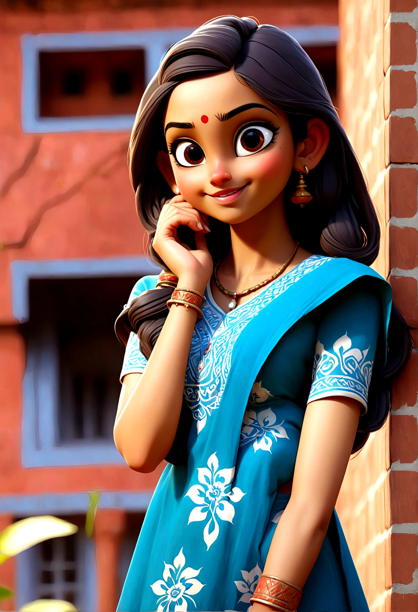 a woman in a blue and white dress standing in front of a red brick wall, Lizzy Ansingh, wearing a kurta, wearing a silk kurta, indian style, young and cute girl, cute woman, with lovely look, wearing intricate, at college, madhubani, wearing an elegant tribal outfit, assamese aesthetic, wearing bihu dress mekhela sador, 19-year-old girl, smiling :: attractive, in sunny weather, cute girl, indian, myself, by Rajesh Soni