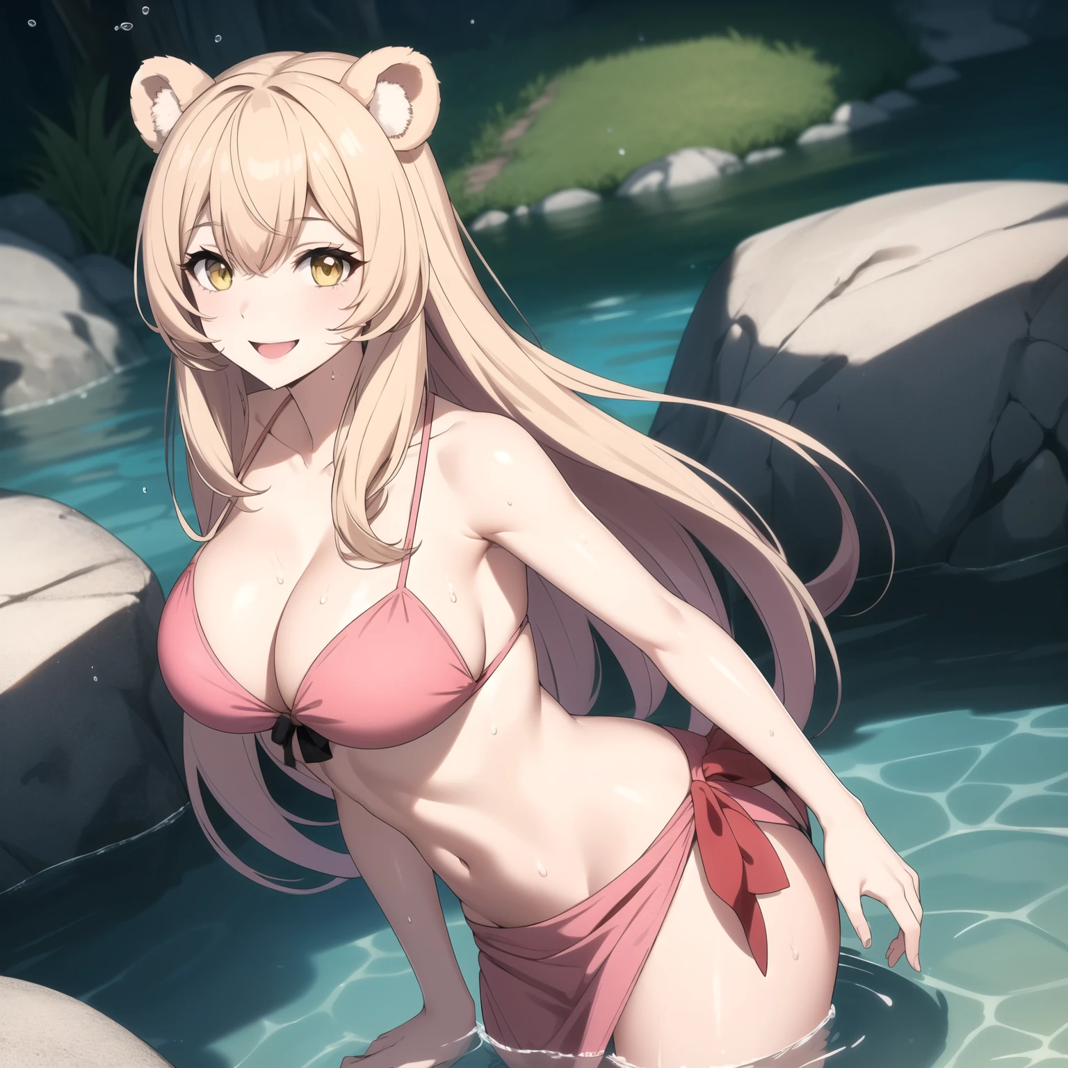 Raphtalia woman 24 years old, happy smile boca abierta, long ash blonde hair, wide, long hair,, bear ears, amber yellow eyes, short hair, happy smile, big breasts, pink bikini with formal design, white sarong, background a crystalline lake, drops of water on his chest, WET BODY.