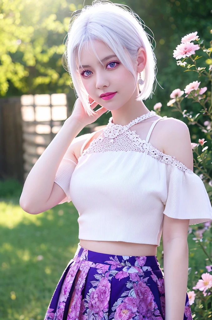 realistic, 1girl, white hair, purple eyes, glowing eyes, crop top, skirt, parted lips, blush, night, flowers, sun, sunlight,