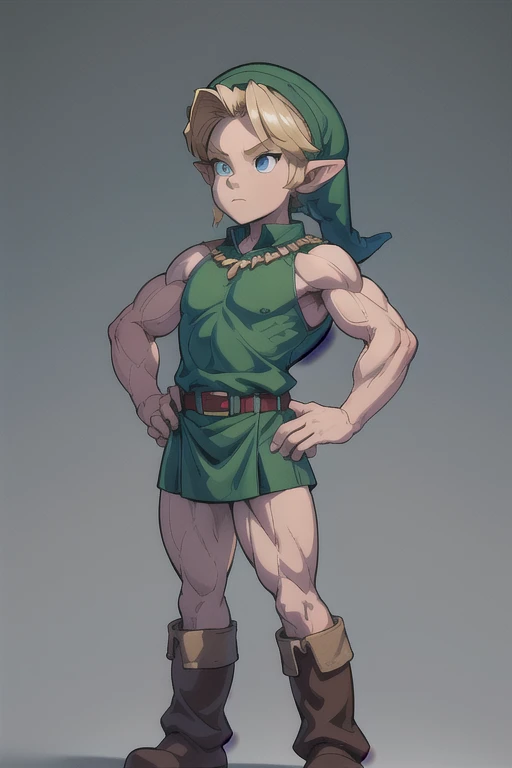 ​masterpiece, best quality, 1 boy, Subscribe to, blond hair, blue eyes, hat, pointy ears, green tunic, belt, boots, (View of Fee), Hands on hips, simple backround, muscular legs , muscular arms, Muscular upper body, muscular abdominal muscles , muscular shoulders,)