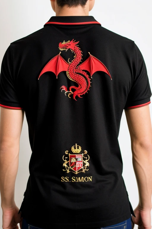 Create me a model of Polo de San Simón U.S.It has a dragon on the back, black with red and a little gold. It has a lot of gold on the front, which you call an elegant touch to the polo., show front and back model

