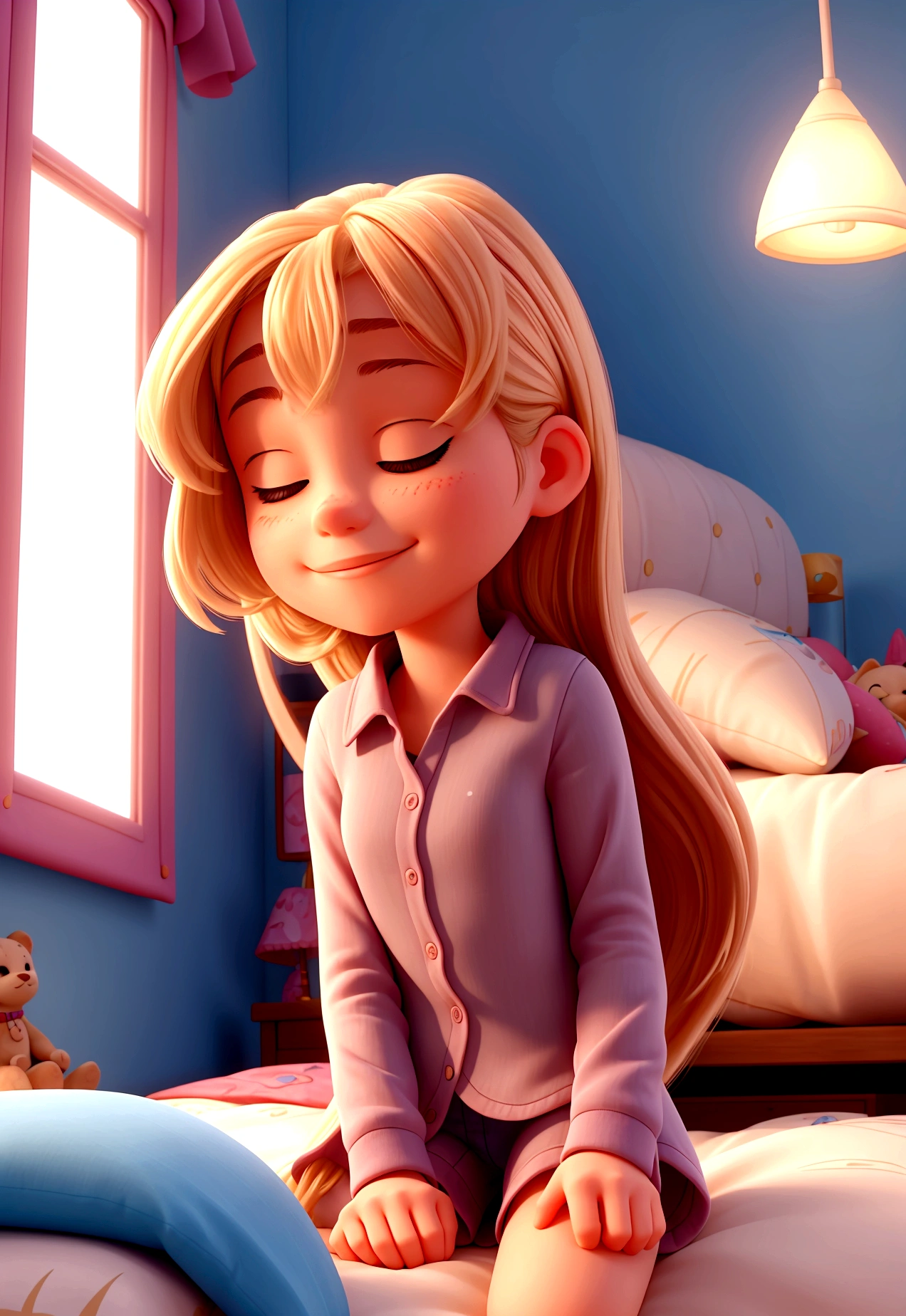A girl with straight hair sleeping in her bed and dreaming of traveling around the world
