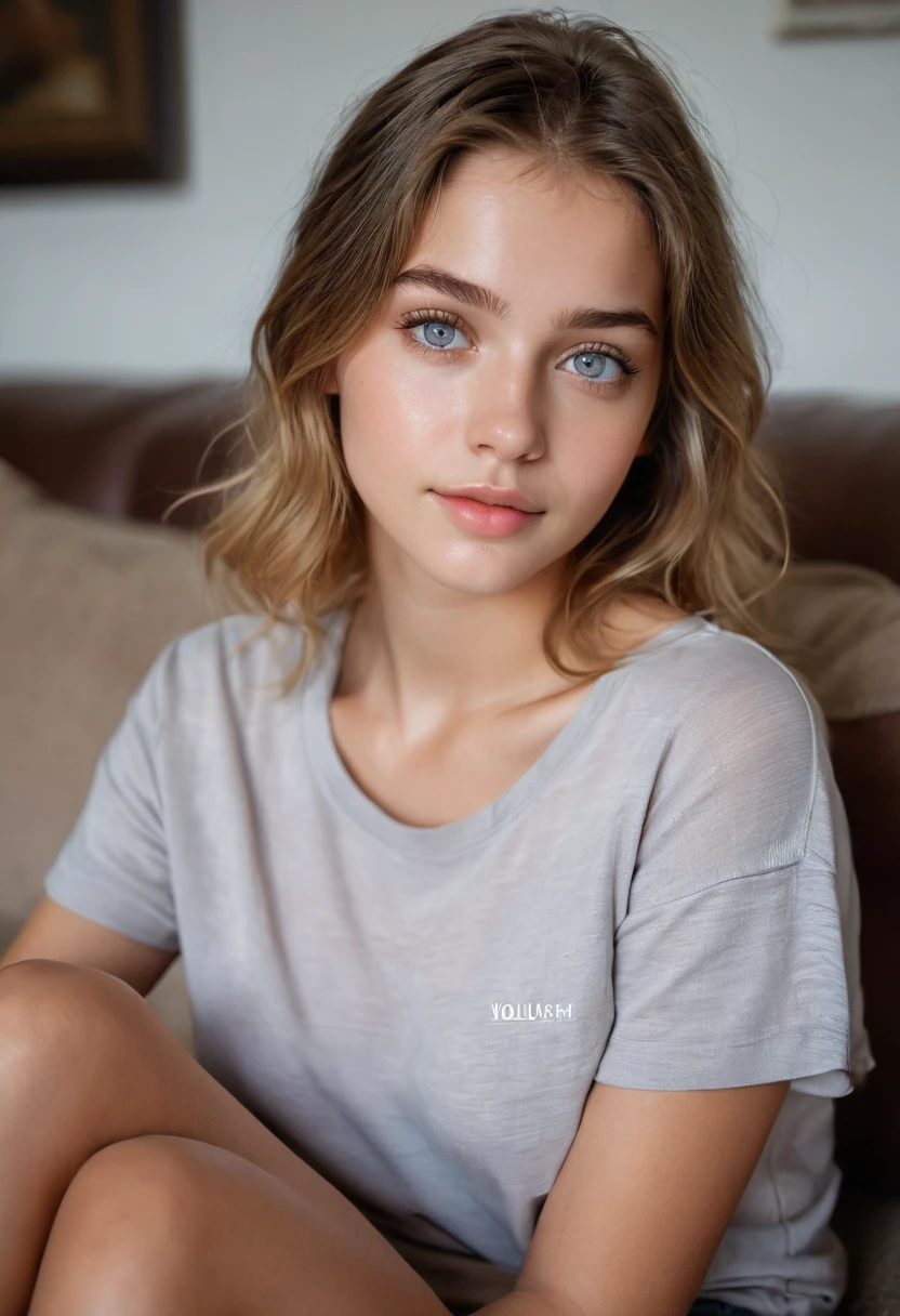 core_9, score_8_up, score_7_up, score_6_up, beautiful girl, cute face, shy, kinky smile, extreme ultra detailed perfect eyes, deepth colorful eyes, 16yo, nose blush, big breast, loose-fitting short sleeves, sitting in a couch, (head tilted) ,eyes contact, lot of desire for the viewer, side portrait , face focus , pov , indoor, inside home, in living room, ,RAW photo,realistic,volumetric lighting, depth of field,cinematic,