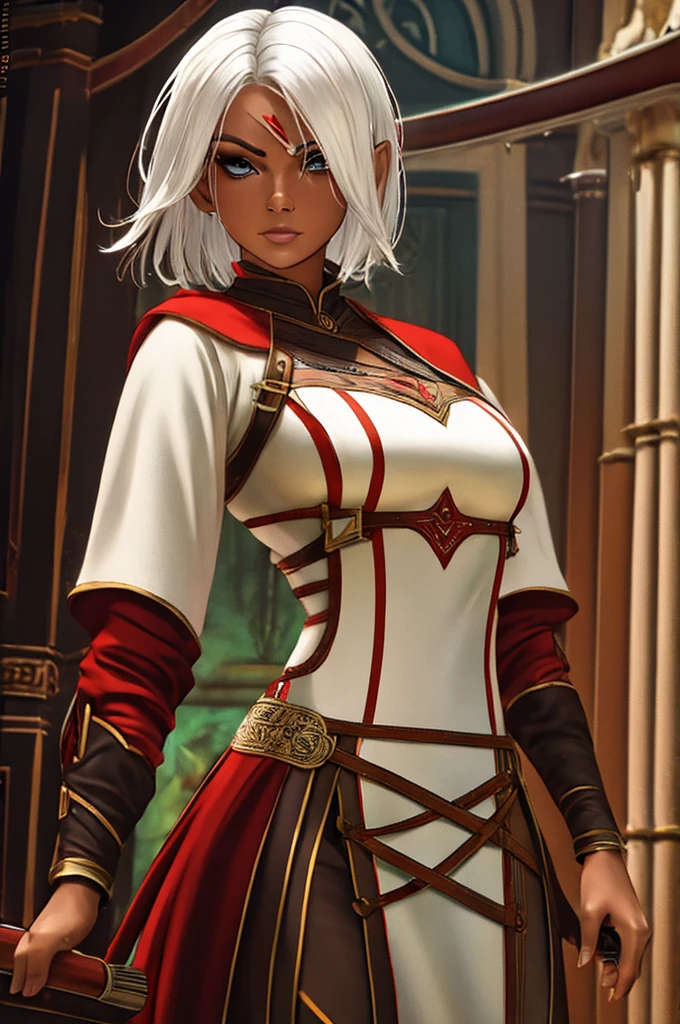 Mature woman, short white hair, red skinned, elf, assassin outfit