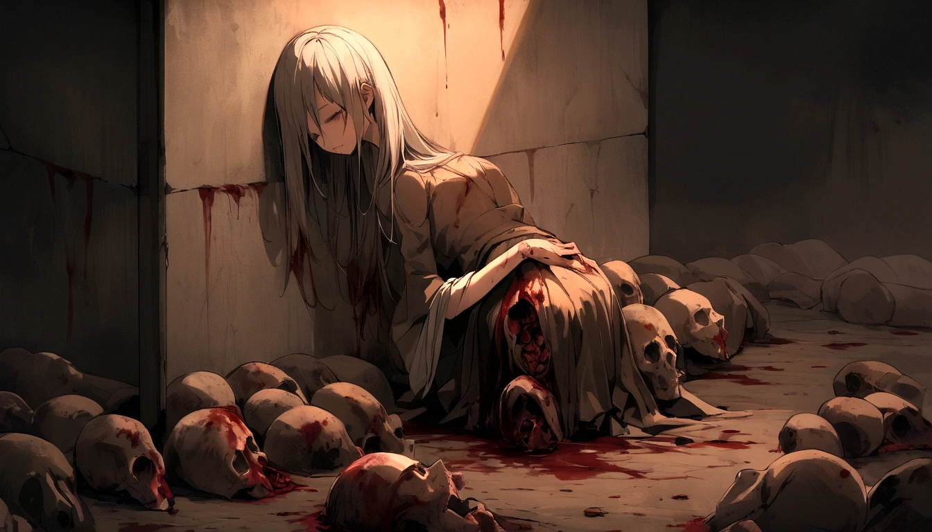 "((Masterpiece, top quality, high resolution)), (Female), (One character), (Alone), (Solo), (Anime), (Ahoge, long white hair), (Faint glowing red eyes), (Bloodied straightjacket), (Red nails), (Sitting on knees and leaning forward), (Insane asylum, white room), (Blood everywhere), (Bloodied clothes), (Holding bloody knife), (Crazy, insane)