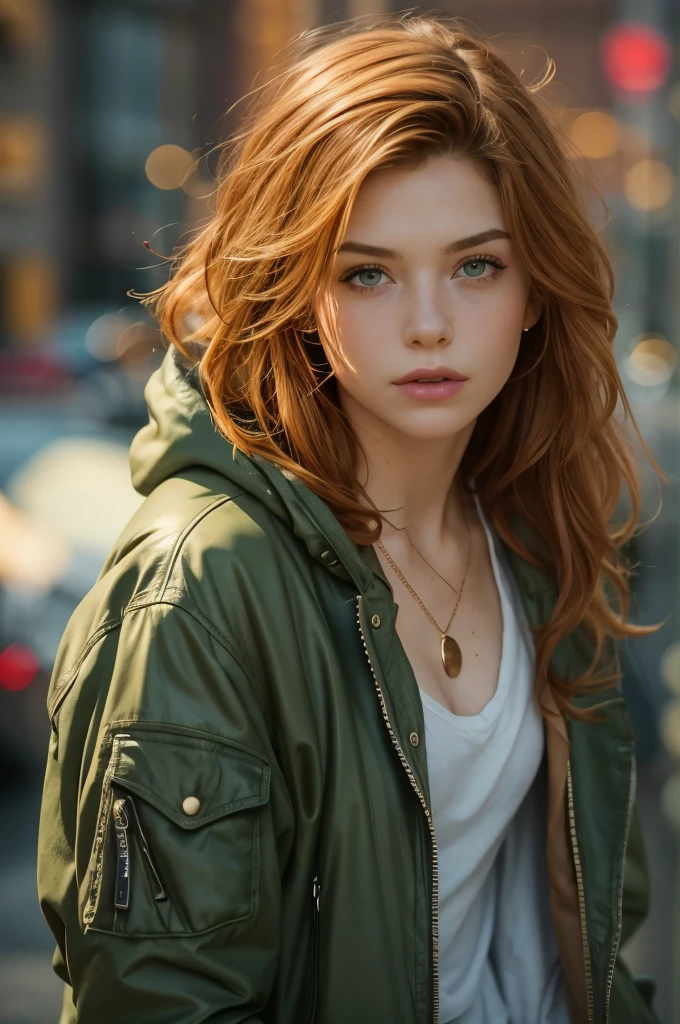 close portrait, Masterpiece, a Beautiful 20 years old girl, redhead, white skin, freckles, rounded body, rounded face
wearing see through top, v neck, cleavage, wearing a grunge jacket with a hood up, wearing vintage jewelry, short messy Hair, 
Perfect face, Beautiful face, light green eyes, detailed eyes, looking tired, smiking, (smooth lighting), relaxed pose, Bright colors, 
Manhattan Greenwhich village street as a background, sunny day, RAW, cinematic, ultra high res.photorealistic, UHD, (vintage grunge vibes:1.2)