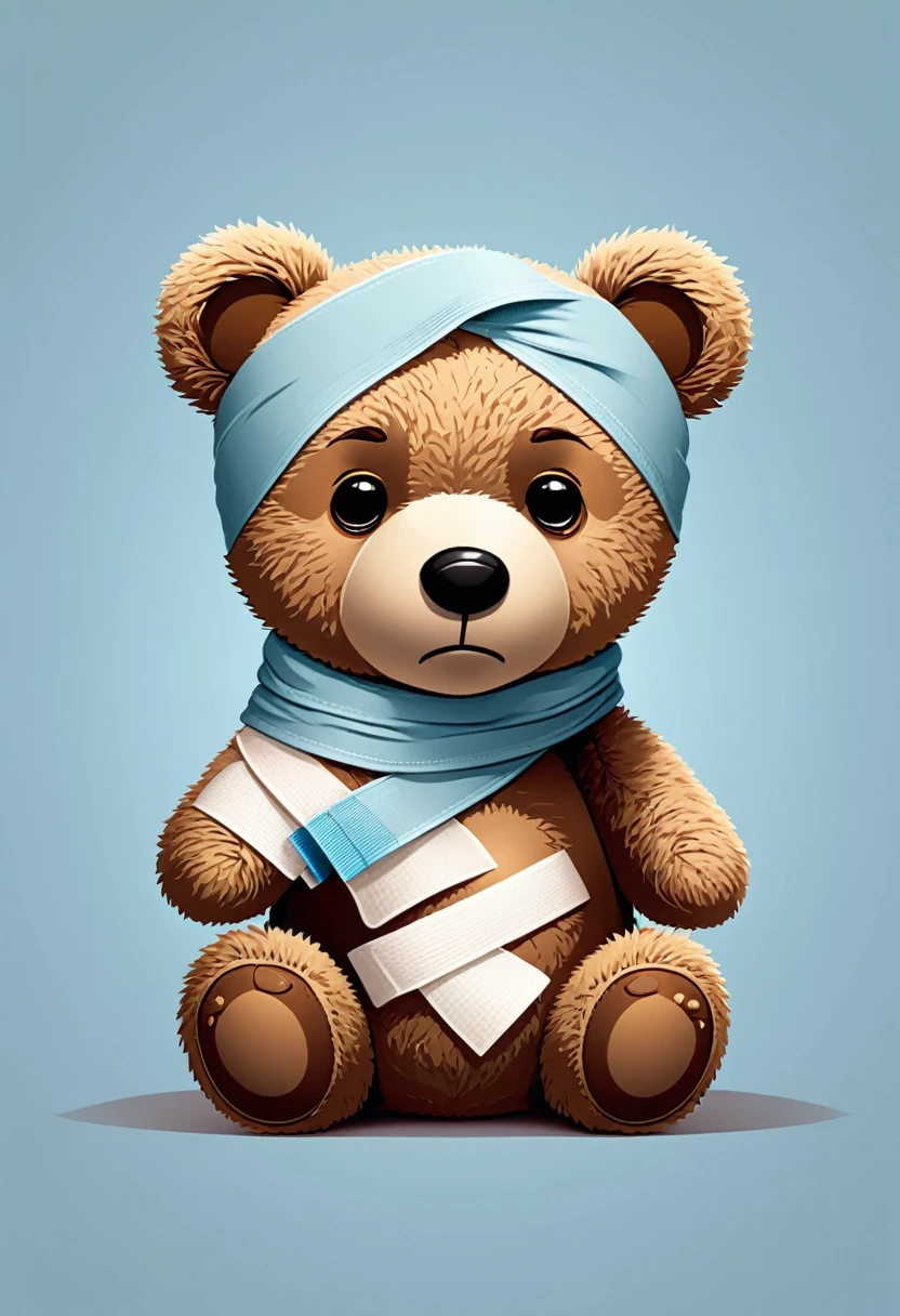 Cartoon style, teddy bear with bandages on its arms and back, sad expression on its face, small tears in its eyes.