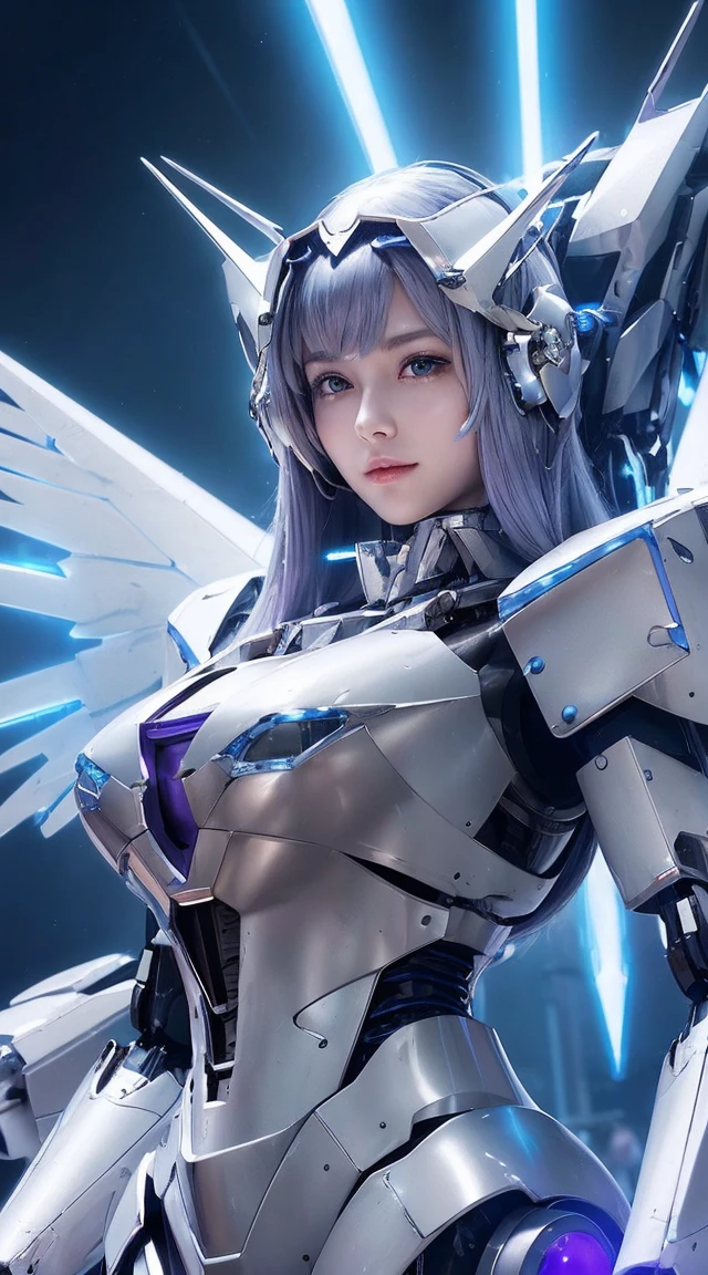 ((Intense action pose:1.6))、((Lenses shining on both breasts:1.3))、((A blue pillar of light emanates from both of his chests..:1.3))、smile、((8K)), ((32k)), ((Highest quality)), ((masterpiece)), ((Ultra-high resolution)), ((Tmasterpiece)), ((Halation:1.4))、((Mechaニカルheadgear:1.2))、((Cyber Headphones:1.3))、Fine skin, High quality fabric, Fine metal texture、((Beautiful and dense face))、RAW Photos、Professional, Ultra-fine painting, ((alone)), Beautiful breasts、Highest quality, Very detailed, Very detailed詳細, Finer details, so beautiful, ((Princess Knight Robot:1.2)),  (Joint of the machine, Mechanical Limbs:1.3), (The internal structure of the machine is exposed:1.3), (Long silver hair:1.1), (Beautiful and huge mechanical breasts)、White Veil, cowboy_shot, Side Focus, headgear, Shiny、(Five Fingers, Four fingers and thumb),Concept Art, Anime fantasy artwork, Detailed fantasy art, (with pale blue-violet hair and large white wings,,,,,,,,), (((Long silver hair))), (Mecha:1.6)、Sleek and intimidating design, ((Commander-in-Chief&#39;arm)), (Perfect robot body)、純白と青紫armまたは, Symmetrical wings, 8K High Resolution, Detailed Art, 3D rendering of character art in 8K, neat legs, Defined, Defined fingers,