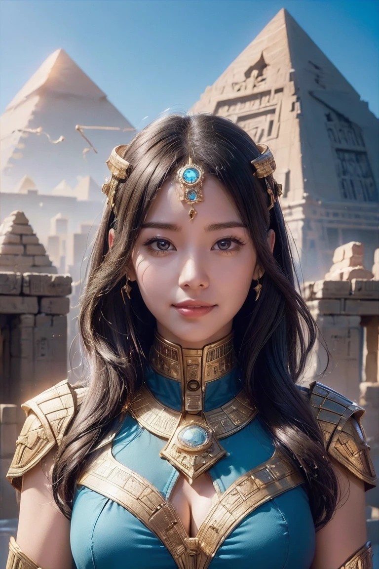 ((Highest quality、8K、masterpiece:1.3))、Photorealistic, Sharp focus, high resolution, High resolution, Portraiture, One person, woman, beautiful woman, sexy、古代エジプトを歩くエジプトのwoman戦士、Complex technology, Pyramids and ancient Egyptian cities far away、cyber-、Light and shadow、Cyan Light、