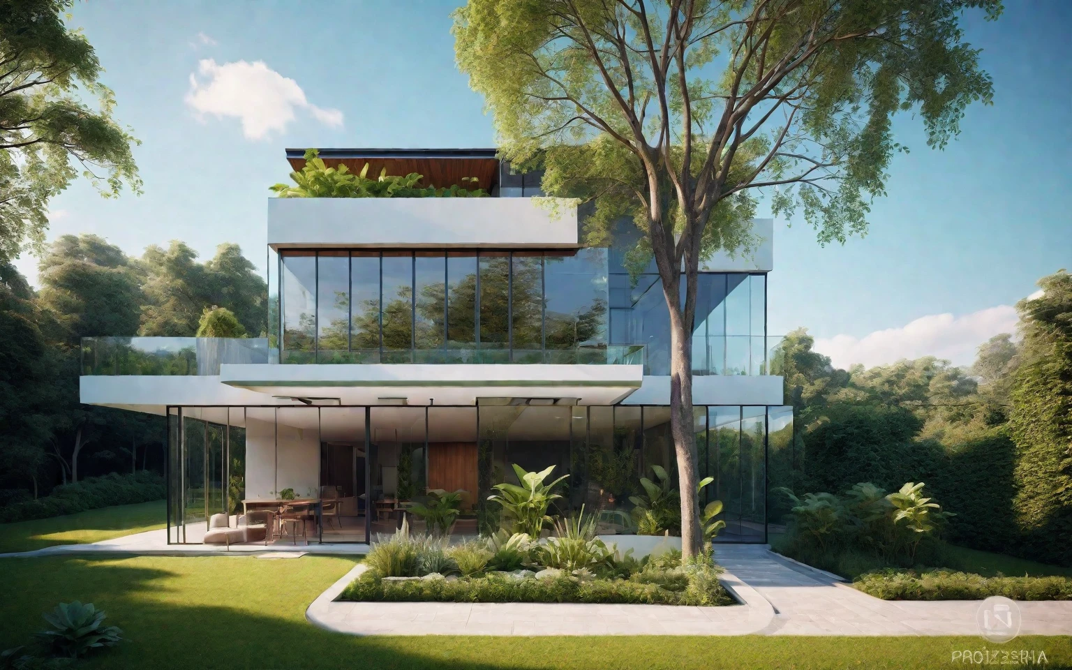a modern house, beautiful detailed glass windows, sleek and minimalist architecture, large balcony, surrounded by lush greenery, sunlight streaming through, cinematic lighting, photorealistic, 8k, high-quality, ultra-detailed, vibrant colors, architectural masterpiece