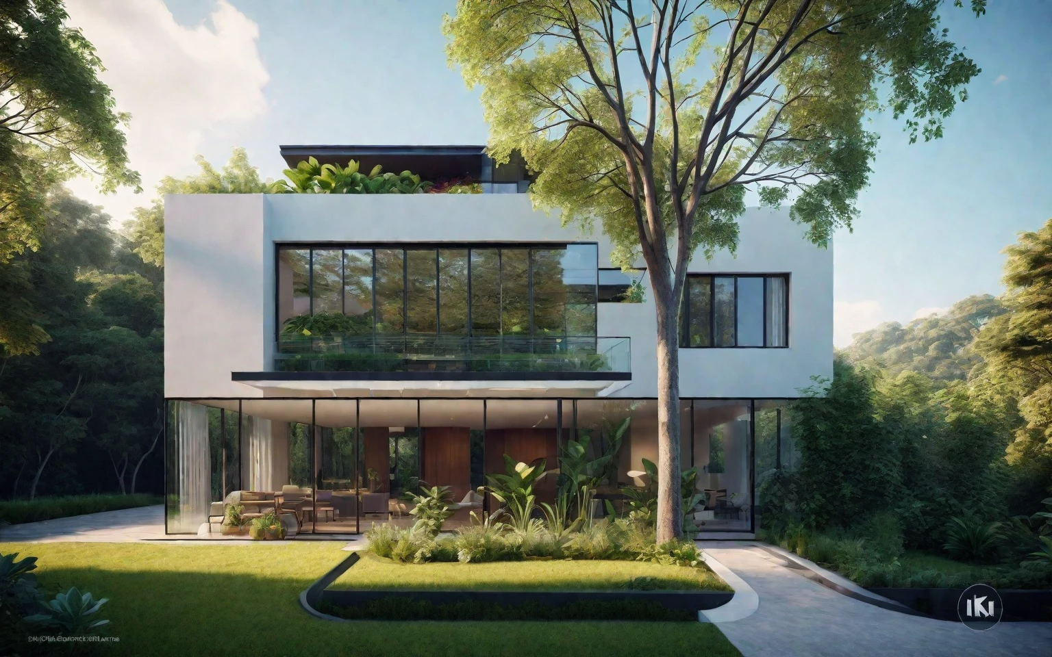 a modern house, beautiful detailed glass windows, sleek and minimalist architecture, large balcony, surrounded by lush greenery, sunlight streaming through, cinematic lighting, photorealistic, 8k, high-quality, ultra-detailed, vibrant colors, architectural masterpiece