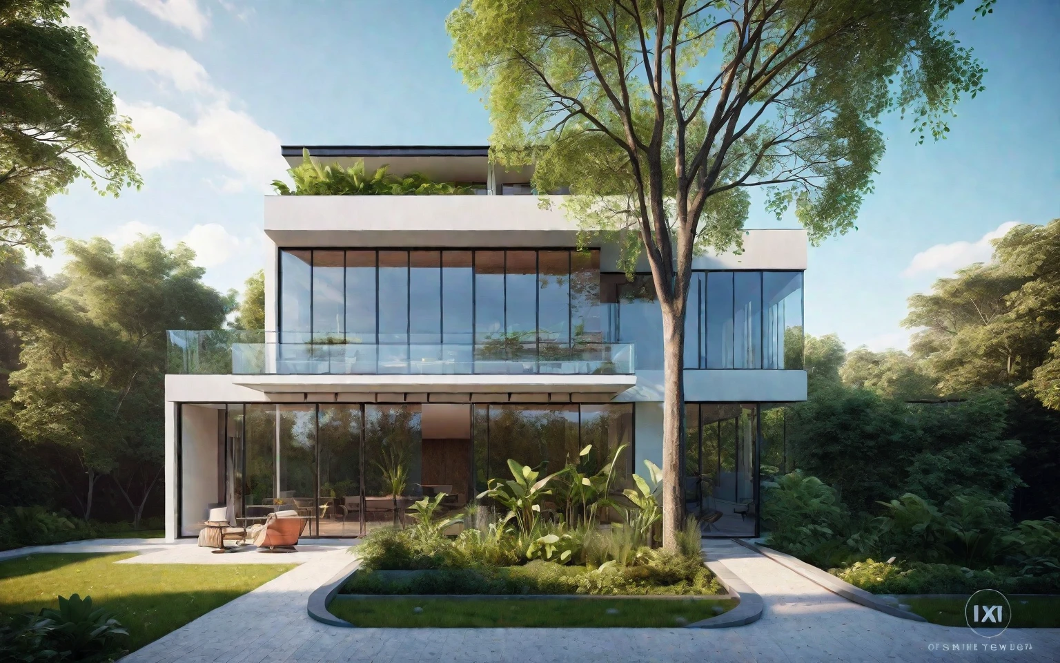 a modern house, beautiful detailed glass windows, sleek and minimalist architecture, large balcony, surrounded by lush greenery, sunlight streaming through, cinematic lighting, photorealistic, 8k, high-quality, ultra-detailed, vibrant colors, architectural masterpiece