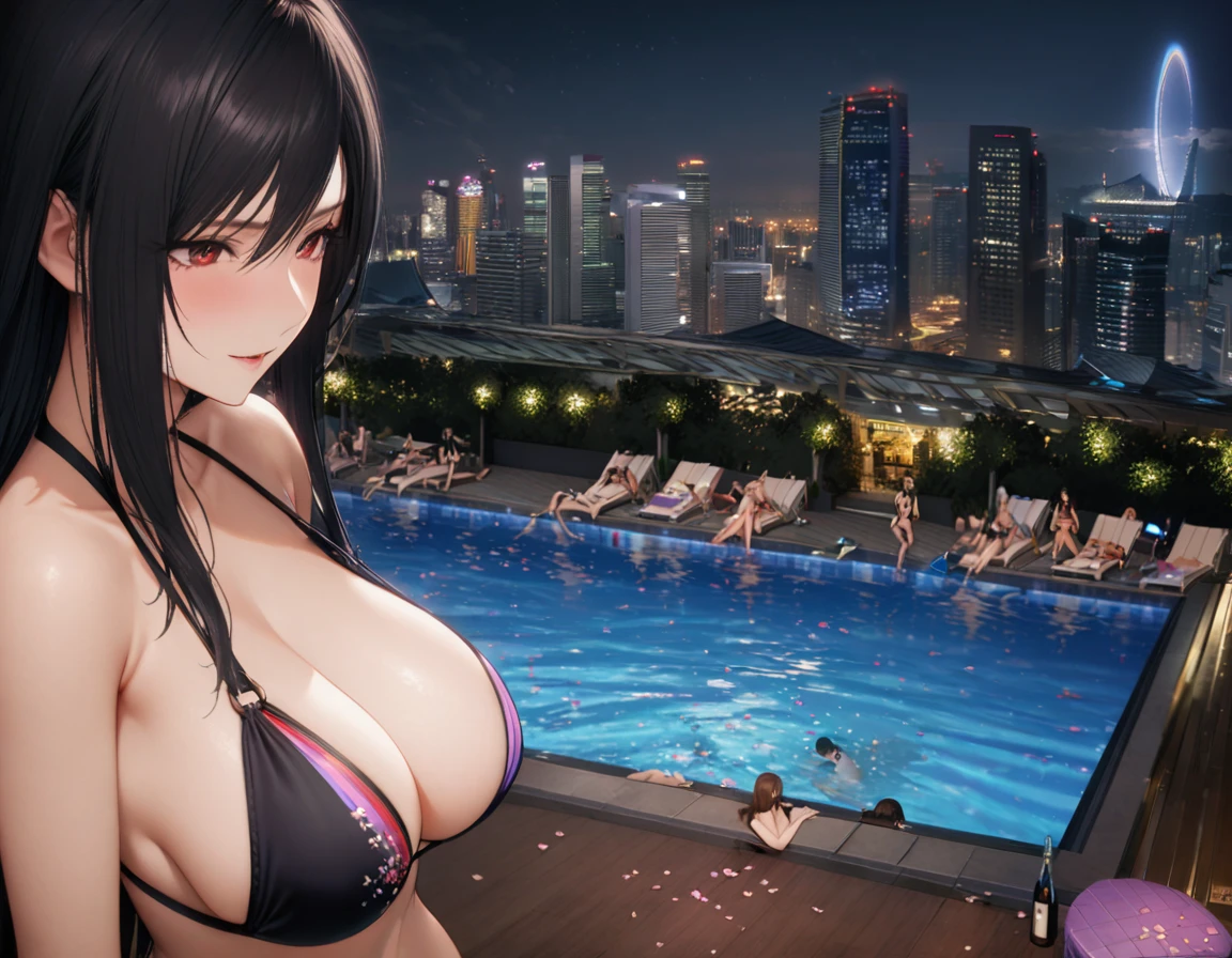 Highest quality, Super quality, 16K, Incredibly absurd, Very detailed, delicate and dynamic, SFW, Natural light, Fine particles reflect rainbow colors, Diffuse reflection of light, Vortex of Light, Many cherry blossom petals fall, roof top pool, Marina Bay Sands Singapore, night, moon, 水面にmoonが映る, night景, Create amazing image effects, pool side bar, pool party, (, cute sexy girl, big busts, Sensual expression, peacefulness, Elegant, Charm, lure, Pool party with multiple women, , シンガポールのnight景, black long hair, Chic swimwear, Tifa Lockhart Final Fantasy VII)