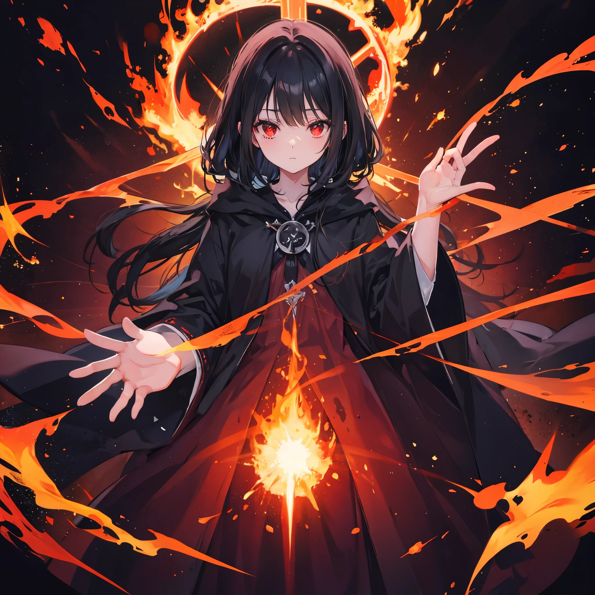 ((((witch　Lock))))　(((wand of flame　grimoire)))　((Black Hair　witchの帽子　Red eyes　smile　Looking down))　((explosion　fire))　(Magic Robe　Black Hole　despair　tears)　incantation　Runes　Shining Background　Shining Edge