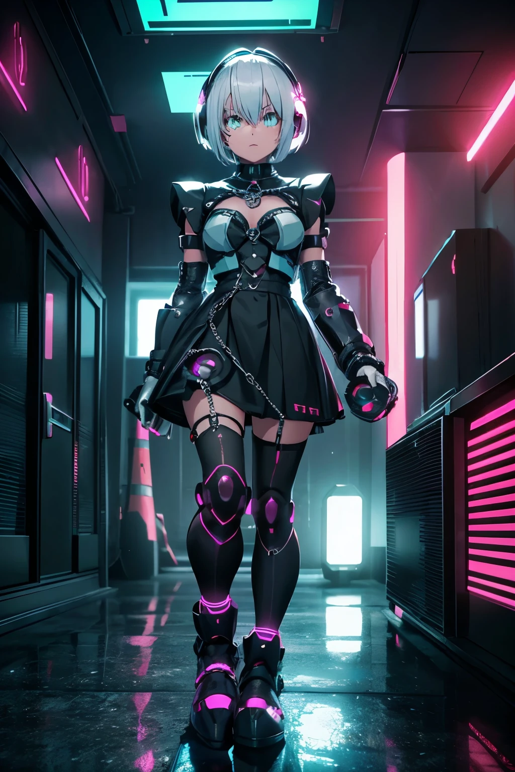 Android Girl,white hair,short and messy hair, purple neon eyes, Holding a chain whip,chains on the hands,chains action, chains around her arm, very cute, skirt, white blouse, cyberpunk style, eletronic gloves, mecanic parts, eletronic details,living room background.HD lighting and dark )(epic image quality) dark atmosphere with bright particle light(many effects in background), dinamic shot, robot, neon tweaks, cyberpunk theme