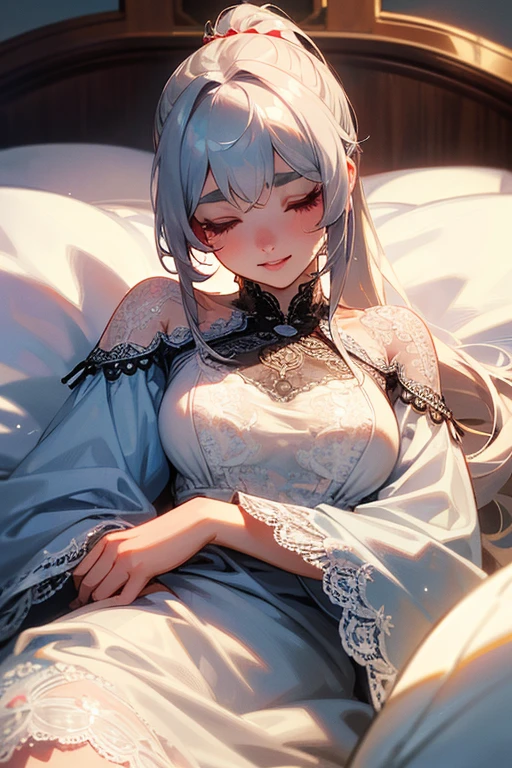 (Highest quality, masterpiece:1.2), (High resolution, 最高masterpiece).(difficult).Very detailed, Realistic:1.37, Fantasy, An illustration,Gray Hair、 Red eyes、Queen, White and blue dress、beautifully、Eyeshadow Red、Thick eyebrows、Long eyelashes、pupils are black、shiny on the lips、Top Sites、Queen、Princess、A kind smile、Show your teeth a little and smile、Soft impression、people々々々々Loved by、Slimming the face、Shoulder Bare、ponytail、Kissing Face、Long white hair、Shaggy Bangs、Save face image、((Lace Underwear)).sexy、((Sleep in bed with your eyes closed))