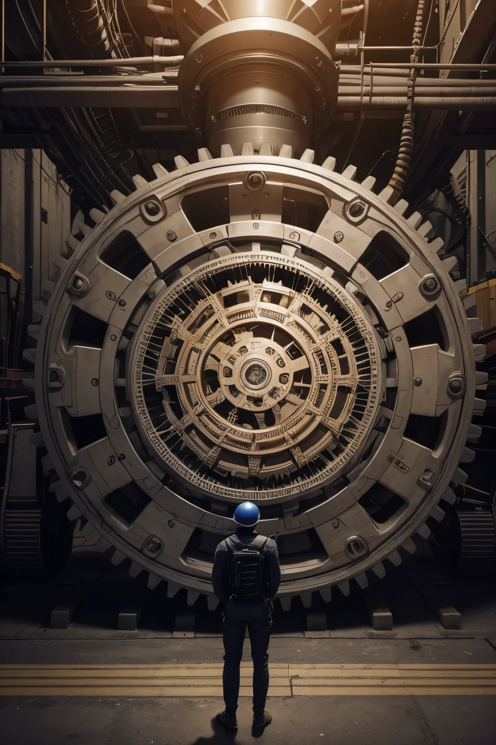Outline drawing of a worker surrounded by gears of a huge machine, representing the current economic system, with warning signs around