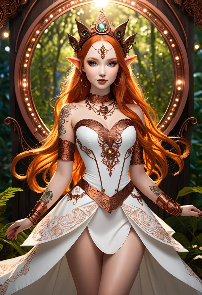 Steampunk inspired goblin princess. copper wire necklaces and bangles. Crown of fine copper wire. copper coloured tatoos cover her face and body intricate and beautiful designs. LArge bat ears. Hands on hips. Ember colored eyes adorned with intricate copper wireing. a pure white dress, hemmed with copper, covered in copper lace and filligree. silver designs cover the skirt in a kaleidoscope of intricate copper designs. Background is magical verdant forrest. Her visage is a mesmerizing blend of Molly-Quinn and Dove-Cameron,, creating a unique, symmetrical face that exudes elegance and grace. copper colores face tattoos. Copper colored arms, and chest tatoos. Cozy, romantic lighting. Cheerful smile. Copper hair that shimmers and sparkles in the lights. Hourglass figure. copper lips. dark copper eye shadow. Slim waist and wide hips.