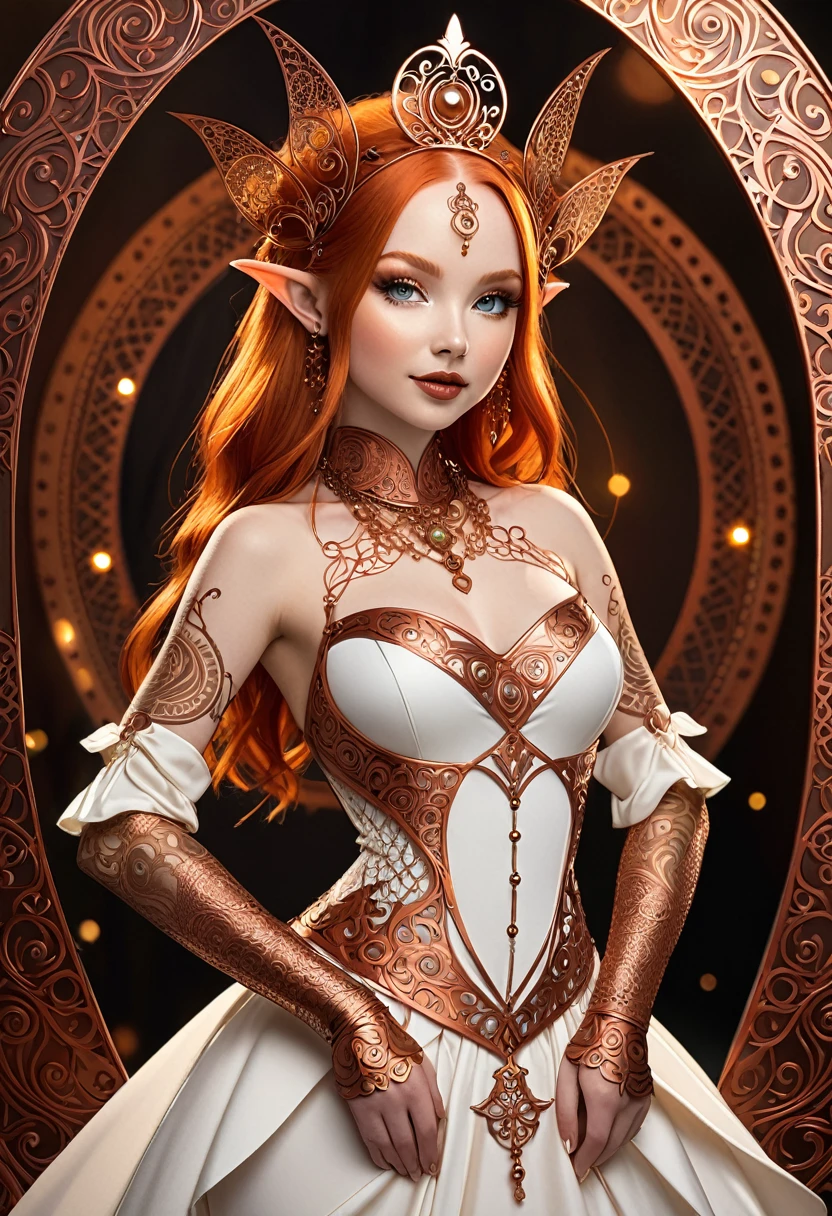 Steampunk inspired goblin princess. copper wire necklaces and bangles. Crown of fine copper wire. copper coloured tatoos cover her face and body intricate and beautiful designs. LArge pointed ears that end in curlicues. Hands on hips. Ember colored eyes adorned with intricate copper wireing. a pure white dress, hemmed with copper, covered in copper lace and filligree. silver designs cover the skirt in a kaleidoscope of intricate copper designs. Background is magical verdant forrest. Her visage is a mesmerizing blend of Molly-Quinn and Dove-Cameron,, creating a unique, symmetrical face that exudes elegance and grace. copper colores face tattoos. Copper colored arms, and chest tatoos. Cozy, romantic lighting. Cheerful smile. Copper hair that shimmers and sparkles in the lights. Hourglass figure. copper lips. dark copper eye shadow. Slim waist and wide hips.