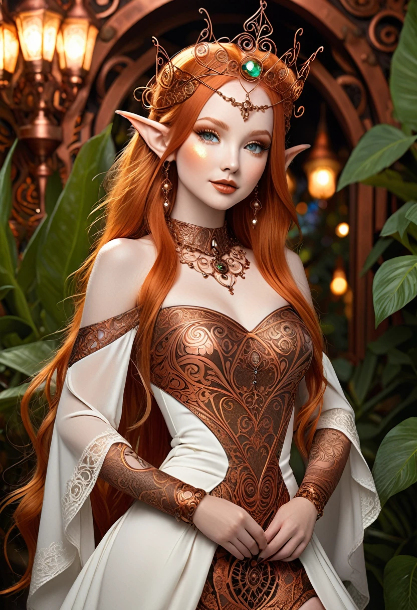 Steampunk inspired goblin princess. copper wire necklaces and bangles. Crown of fine copper wire. copper coloured tatoos cover her face and body intricate and beautiful designs. LArge pointed ears that end in curlicues. Hands on hips. Ember colored eyes adorned with intricate copper wireing. a pure white dress, hemmed with copper, covered in copper lace and filligree. silver designs cover the skirt in a kaleidoscope of intricate copper designs. Background is magical verdant forrest. Her visage is a mesmerizing blend of Sydney Sweeney, Alison Brie, Dove-Cameron, creating a unique, symmetrical face that exudes elegance and grace. copper colores face tattoos. Copper colored arms, and chest tatoos. Cozy, romantic lighting. Cheerful smile. Copper hair that shimmers and sparkles in the lights. Hourglass figure. copper lips. dark copper eye shadow. thin waist and wide hips.
