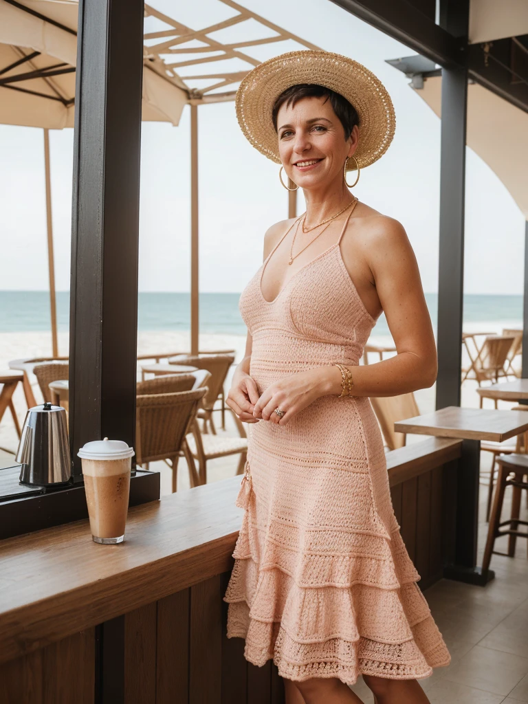 1 girl, photorealistic, realistic, her name is Elise, middle age, a 45-year-old woman with gray hair, body of 45-year-old woman, wrinkles on her face and body, Alpine woman, ((dark brown hair, short hair))), smiling, (((she is in her floor length crochet dress. It is made in super soft bright pink yarn. The dress has a halter-neck Accessories include a wide-brimmed straw hat, adding both glamour and practicality under the sun. Her look is completed with delicate gold jewelry, such as layered necklaces and hoop earrings, which catch the sunlight streaming through the coffee shop’s windows. A woven tote bag sits beside her))), (((dynamic pose))), ((( she is seductively standing inside a coffee shop near the beach exudes a relaxed yet chic vibe, perfectly blending comfort with style))), cleavage, (((but out)))
