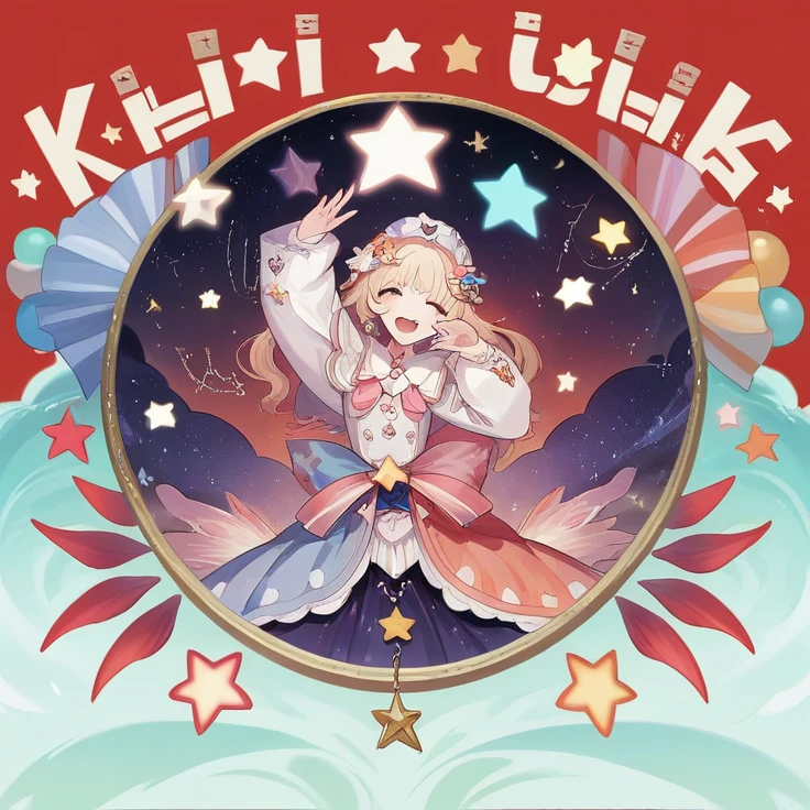 a cartoon picture of a kid all stars character in a red background, official art, official artwork, kpop star, promo art, full art, official fanart, 4k!, kaiju starfish, key anime art, kda, lots of stars, promotional art, official illustration, official character art, cushart kenz, star platinum, high quality fanart