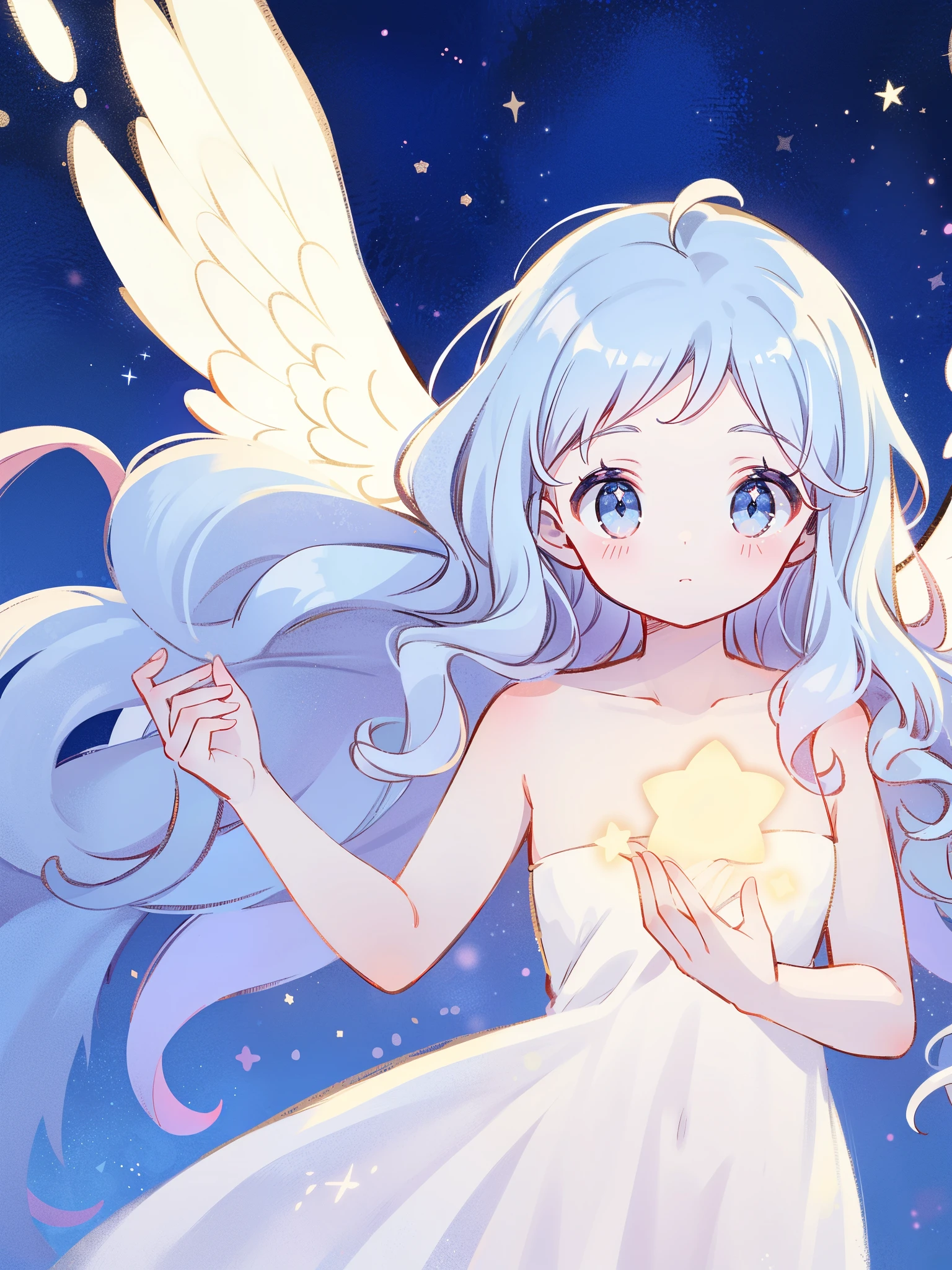 nude angel girl wearing an ethereal translucent dress, pale skin, ((wavy blue hair)), white feathers, angel wings, sparkling detailed eyes, golden ratio face, perfect composition, highly detailed, ethereal, (starry night sky background), midjourney style