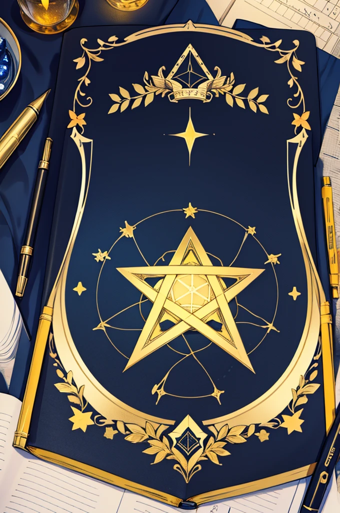Notebook cover, tiny yellow crystals making a pentagram, dark blue cover