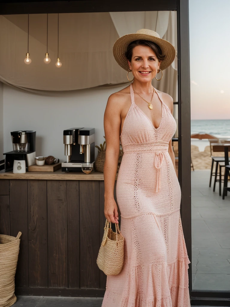 1 girl, photorealistic, realistic, her name is Elise, middle age, a 45-year-old woman with gray hair, body of 45-year-old woman, wrinkles on her face and body, Alpine woman, ((dark brown hair, short hair))), smiling, (((she is in her floor length crochet dress. It is made in super soft bright pink yarn. The dress has a halter-neck Accessories include a wide-brimmed straw hat, adding both glamour and practicality under the sun. Her look is completed with delicate gold jewelry, such as layered necklaces and hoop earrings, which catch the sunlight streaming through the coffee shop’s windows. A woven tote bag sits beside her))), (((dynamic pose))), ((( she is seductively standing inside a coffee shop near the beach exudes a relaxed yet chic vibe, perfectly blending comfort with style))), cleavage, (((but out)))