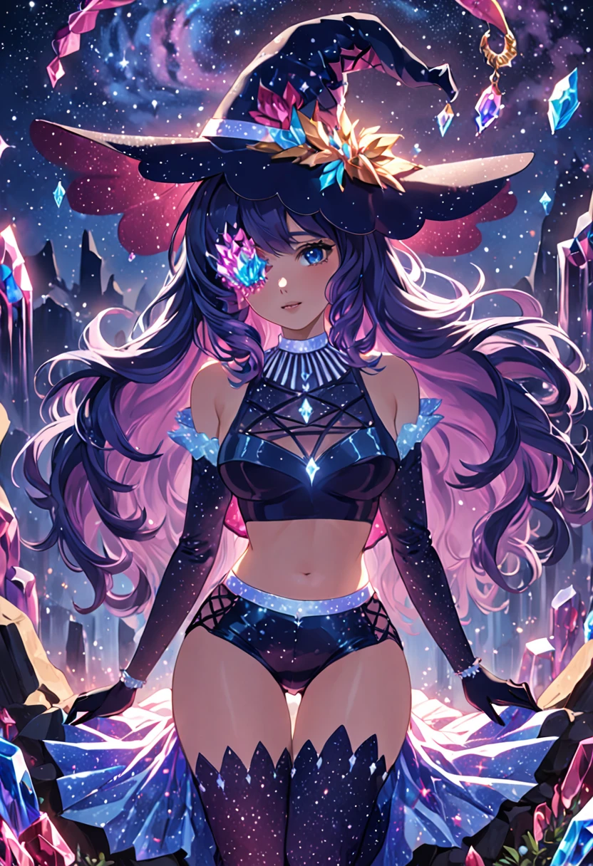 (best quality,4k,8k,highres,masterpiece:1.2),anime girl with purple hair and purple stockings, ((bare midriff,bare stomach,short shorts)),gloves anime fantasy illustration, digital anime illustration, digital art on pixiv, witch hat with dangling blue crystals, crystal shoes,best anime 4k konachan wallpaper, anime styled digital art, dreamy psychedelic anime, detailed digital anime art, nightcore,crystal eye,one eye,(best quality,4k,8k,highres,masterpiece:1.2),A girl sitting alone under the starry night sky, with her silhouette illuminated by the soft moonlight and twinkling stars. Her face is beautifully detailed, with one sparkling eye and one eye covered with crystals, long and fluttering eyelashes, and exquisitely defined lips. She is dressed in a crop top and shorts embracing her figure gracefully as it glimmers with a subtle celestial glow. The intricate details of her clothing catch the faint starlight, creating a mesmerizing sparkle. The artwork is of the highest quality, meticulously created with ultra-detailed brushstrokes and precise attention to every element. The texture and depth of the painting are breathtaking, with a sense that captures the awe-inspiring beauty of the night sky. The lighting is soft and diffused, casting a gentle glow over the entire scene, enhancing the magical ambiance. The girl's presence radiates a sense of mystery and wonder, as if she holds a secret connected to the celestial beings above. The overall composition evokes a feeling of timelessness and captures the essence of a StarSign, an artwork that embodies the celestial beauty and inner strength of a girl in harmony with the stars.