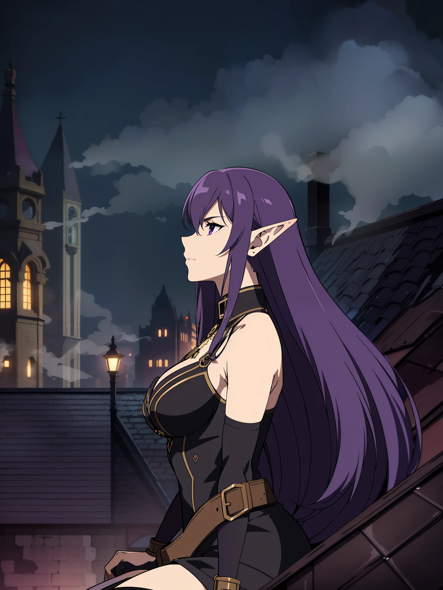 night,steampunk city,fatory,fog,smoke,on top of a roof,1mature woman,serious,black elegant outfit,purple hair,long hair,elf ears,crouched,profile