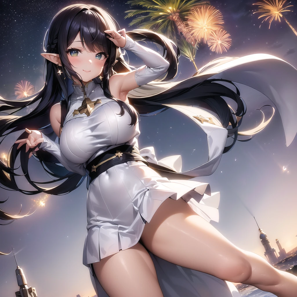 ((masterpiece)), (best quality), highres, ultra-detailed, frieren, 1girl, aurora, bangs, city lights, constellation, crescent moon, desert, earrings, earth \(planet\), elf, fireflies, fireworks, full moon, galaxy, grey eyes, hoop earrings, jewelry, light particles, long hair, milky way, moon, moonlight, night, night sky, parted bangs, planet, pointy ears, robin \(fire emblem\), shooting star, sky, snow, snowing, solo, space, space craft, star \(sky\), starry background, starry sky, starry sky print, tanabata, tanzaku, twilight, twintails, upper body, white capelet, smile, green eyes, 