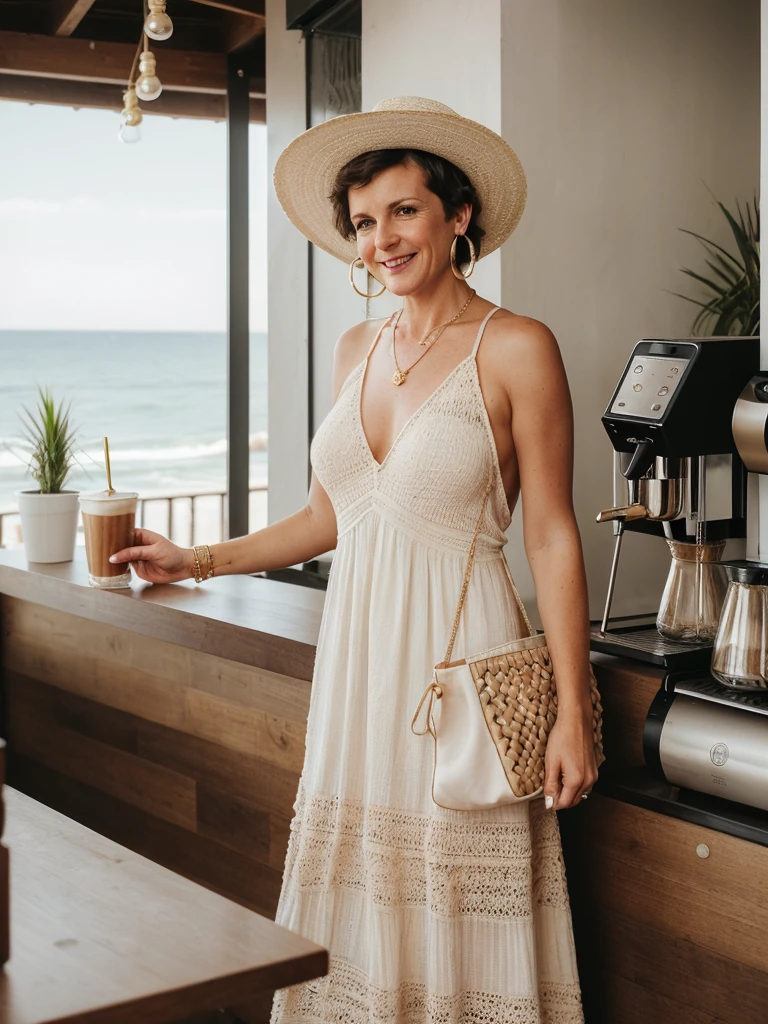 1 girl, photorealistic, realistic, her name is Elise, middle age, a 45-year-old woman with gray hair, body of 45-year-old woman, wrinkles on her face and body, Alpine woman, ((dark brown hair, short hair))), smiling, (((she is in her floor length crochet dress. It is made in super soft bright pink yarn. The dress has a halter-neck Accessories include a wide-brimmed straw hat, adding both glamour and practicality under the sun. Her look is completed with delicate gold jewelry, such as layered necklaces and hoop earrings, which catch the sunlight streaming through the coffee shop’s windows. A woven tote bag sits beside her))), (((dynamic pose))), ((( she is seductively standing inside a coffee shop near the beach exudes a relaxed yet chic vibe, perfectly blending comfort with style))), cleavage, (((but out)))