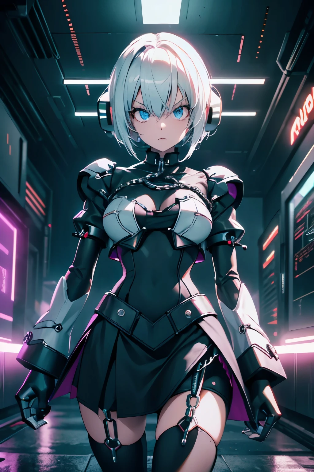 Android Girl,white hair,short and messy hair, purple neon eyes, Holding a chain whip,chains on the hands,chains action, chains around her arm, very cute, skirt, white blouse, cyberpunk style, eletronic gloves, mecanic parts, eletronic details,living room background.HD lighting and dark )(epic image quality) dark atmosphere with bright particle light(many effects in background), dinamic shot, robot, neon tweaks, cyberpunk theme