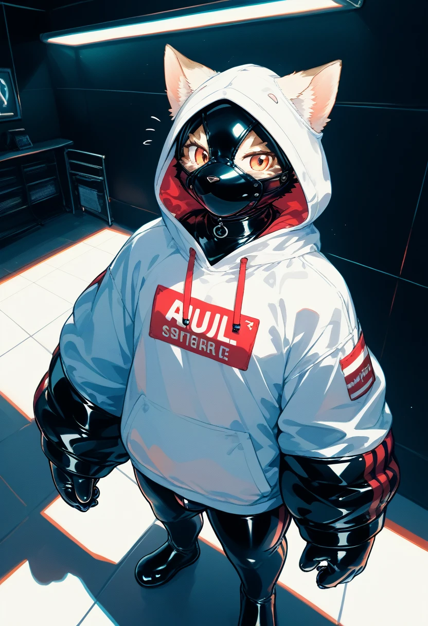 Highest quality, Highest quality, High quality illustrations, masterpiece, Ultra-high resolution, Detailed Background, Games Room, Absurd, Perfect Anatomy, performance, Good lighting, Shadows in the movies(kemono, Furry PersonifiCation), Cat, Dark Skin, Rubber suit, Rubber suit, latex, neon, neonライト, neonカラー, Rubber spats, Rubber Hoodie,  Rubber mask, ribbon, Embarrassing, Null bulge, first round, male, juvenile, from above