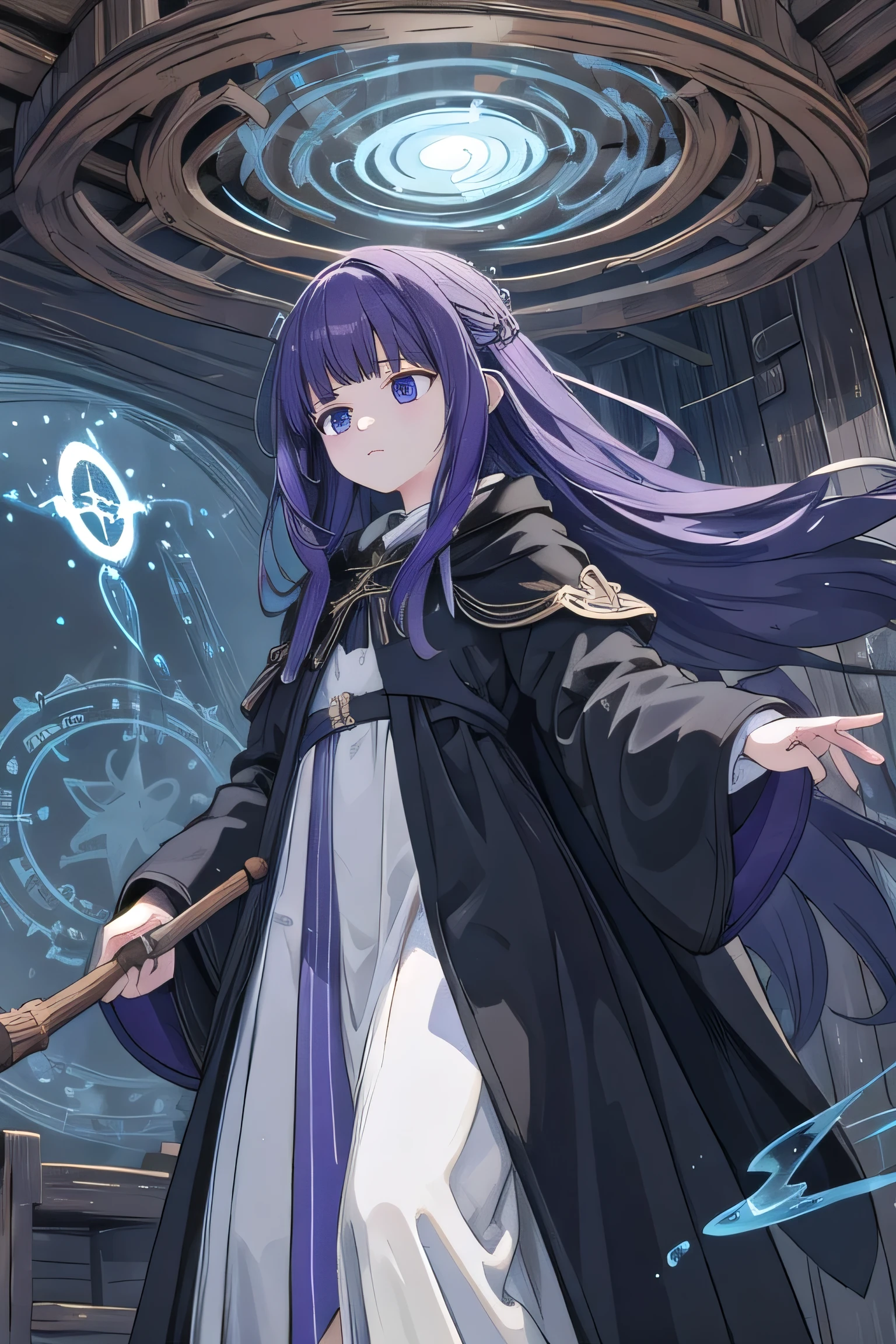 One girl,Fern,Fern_Clothes,View your viewers,Half-closed eyes,reflection,floating,Wooden walking stick,magic,Black Robe,From below,magic circle,(magic shield:1.1),Hair colorpurple