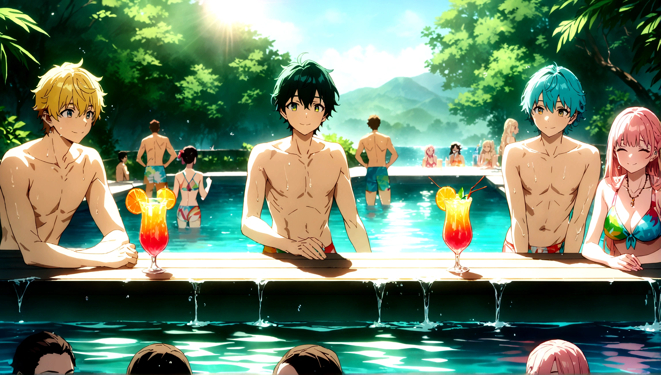 a group of boys and girls cheers at a poolside party, jog of juice, glass of cocktail, throw water on each other, smile, long eyelashes, colorful swimsuits, splashing water, vibrant colors, warm sunlight, reflections in water, lush greenery, (best quality,4k,8k,highres,masterpiece:1.2),ultra-detailed,portraits,vivid colors,HDR,studio lighting,anime screencap,