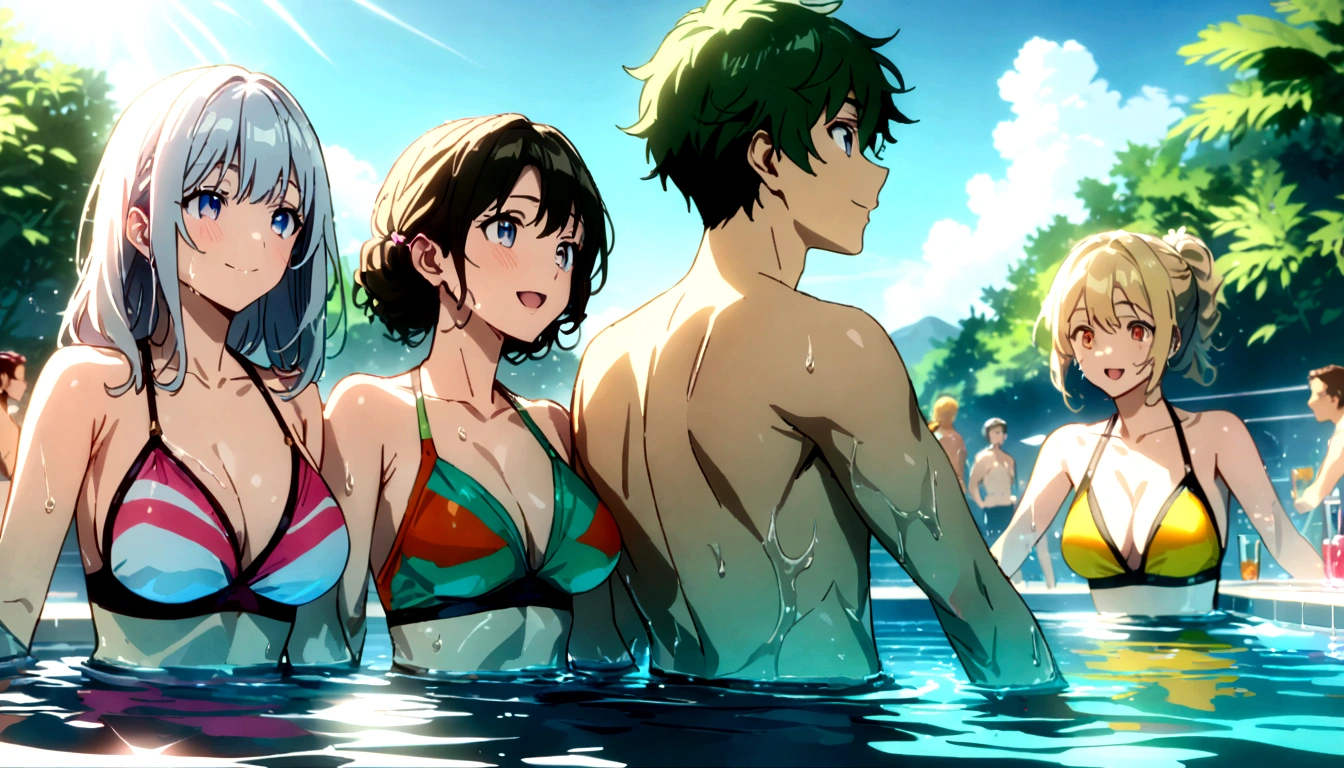 a group of boys and girls cheers at a poolside party, jog of juice, glass of cocktail, throw water on each other, smile, long eyelashes, colorful swimsuits, splashing water, vibrant colors, warm sunlight, reflections in water, lush greenery, (best quality,4k,8k,highres,masterpiece:1.2),ultra-detailed,portraits,vivid colors,HDR,studio lighting,anime screencap,