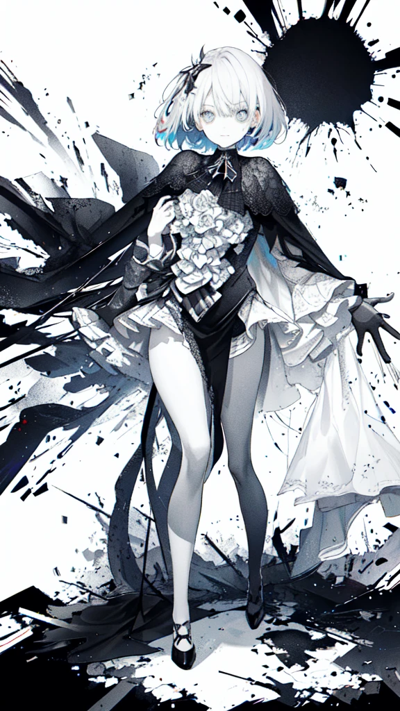{{{{masterpiece}}}}, {{{Super detailed}}}, {{{High resolution}}}, {{Excellent anatomy}}, (((Highest quality))), ((Very delicate and beautiful)), {{Very detailed and delicate}}, {8k CG wallpaper}, {{figure}}, (Grayscale on a colored background:1.1), Ray Tracing, Bokeh, Black background, (Splattered ink:1.3), One girl, alone,  Bouman, Symbol-shaped pupil,  Urgent 1,