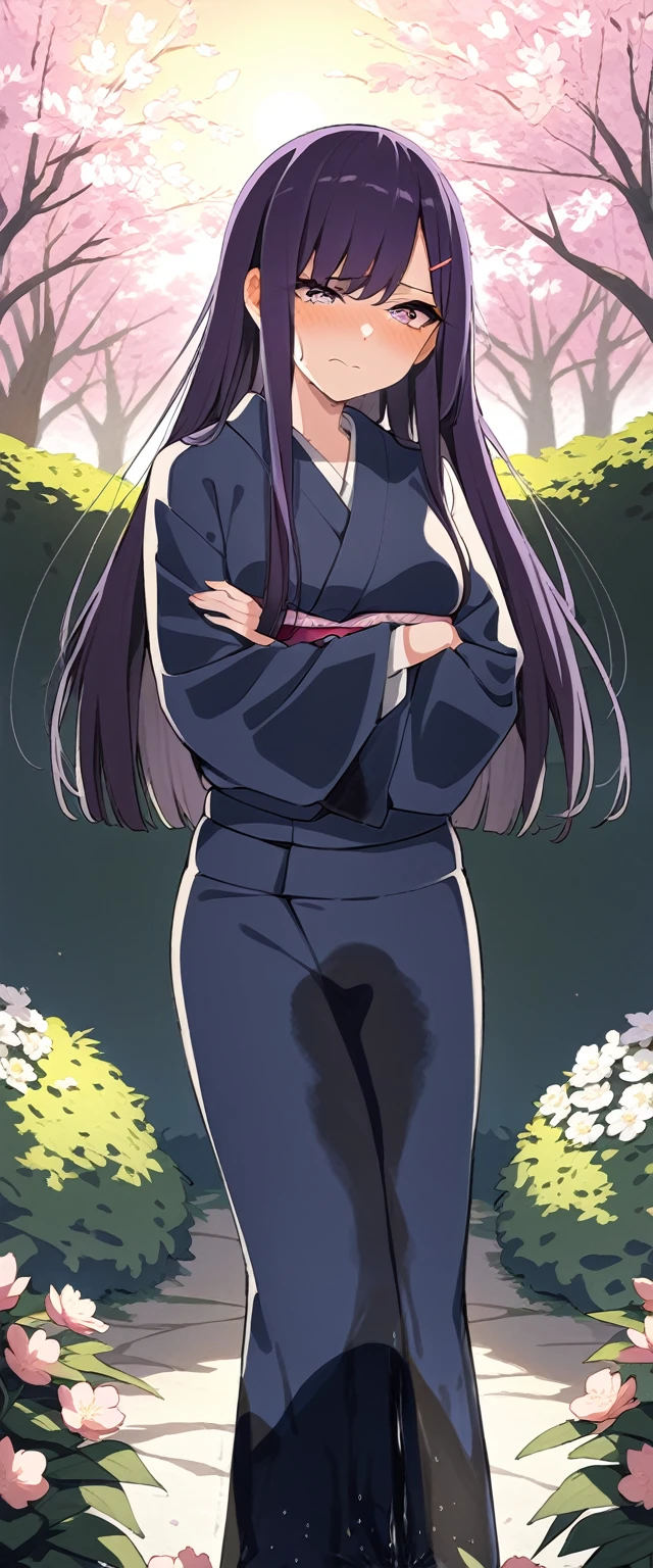 (masterpiece:1.37), best quality, (extremely detailed:1.37), (1girl:1.5), woman, (mature:1.5), (adult:1.5), large breasts, very long hair, (straight hair:1.5), (very dark purple hair:1.5), purple eyes, (extremely detailed eyes:1.37), (furisode:2.0), desperation, (wetting self:1.5), standing, (crossed arms:1.5), embarrassed, humiliation, blushing, angry, cherry blossoms, garden, (golden hour:1.5), full body