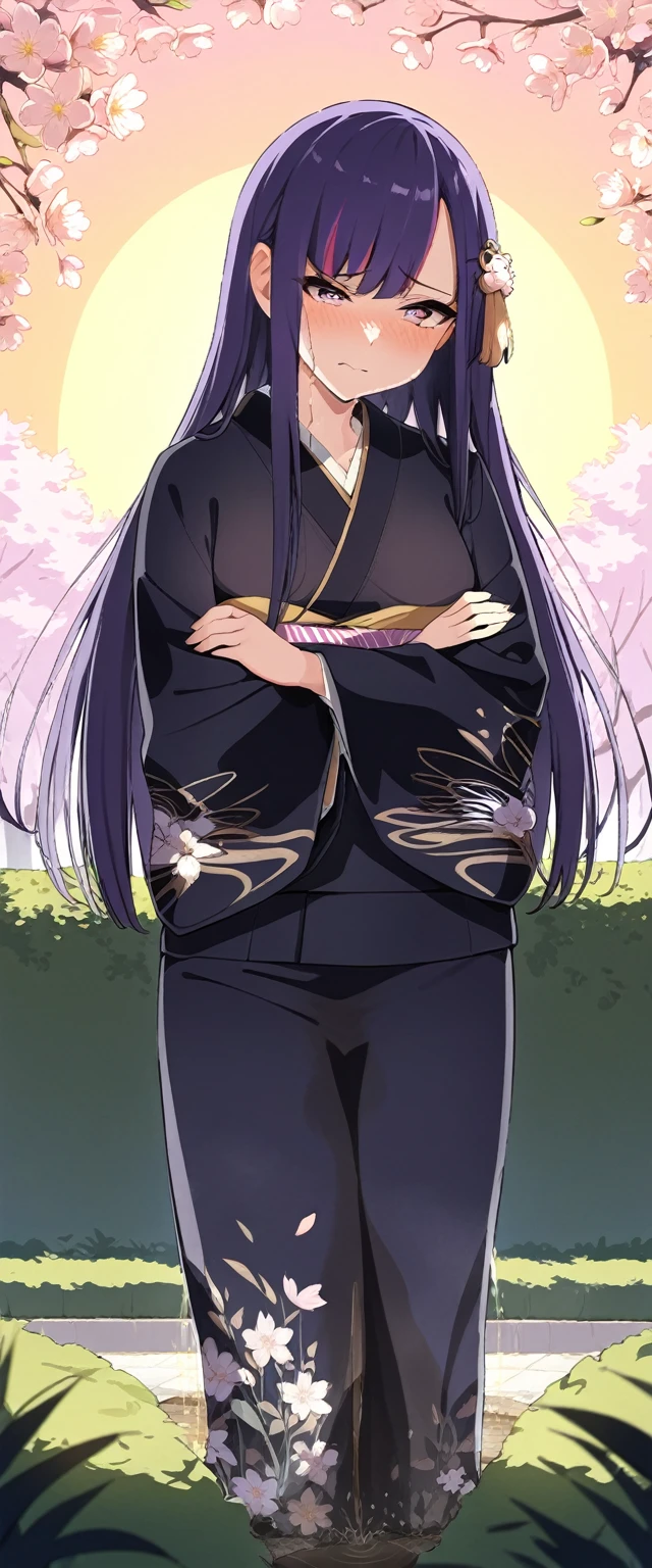 (masterpiece:1.37), best quality, (extremely detailed:1.37), (1girl:1.5), woman, (mature:1.5), (adult:1.5), large breasts, very long hair, (straight hair:1.5), (very dark purple hair:1.5), purple eyes, (extremely detailed eyes:1.37), (furisode:2.0), desperation, (wetting self:1.5), standing, (crossed arms:1.5), embarrassed, humiliation, blushing, angry, cherry blossoms, garden, (golden hour:1.5), full body