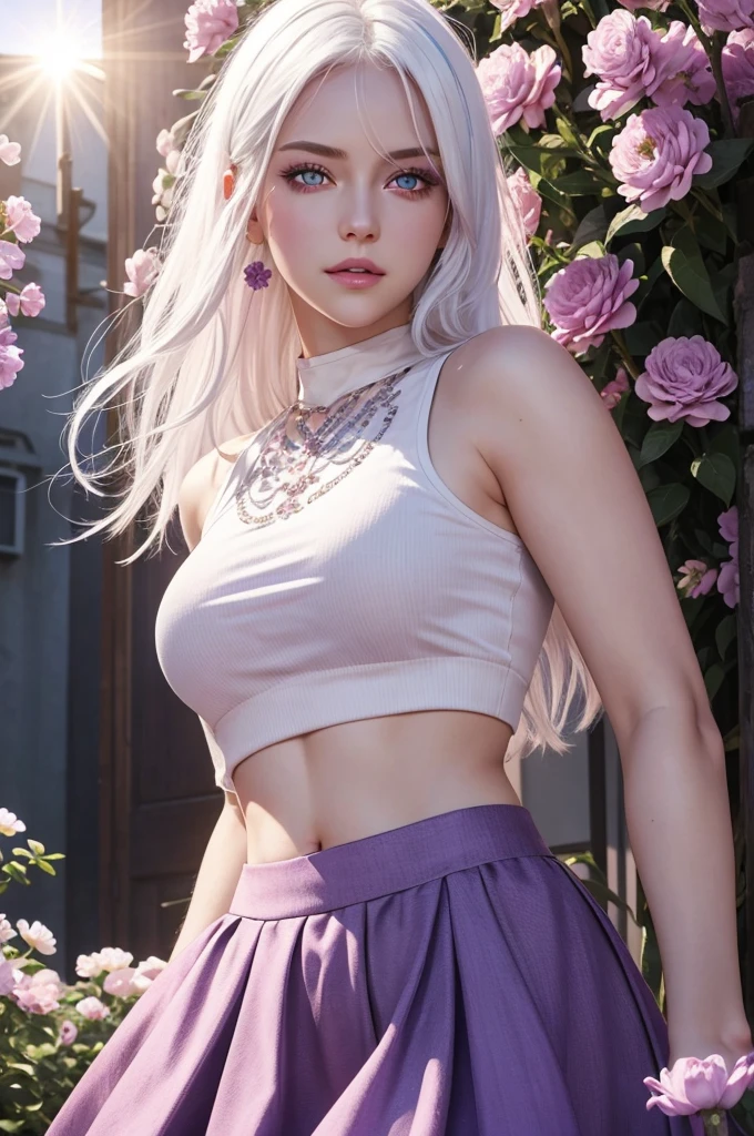 realistic, 1girl, white hair, purple eyes, glowing eyes, crop top, skirt, parted lips, blush, night, flowers, sun, sunlight,